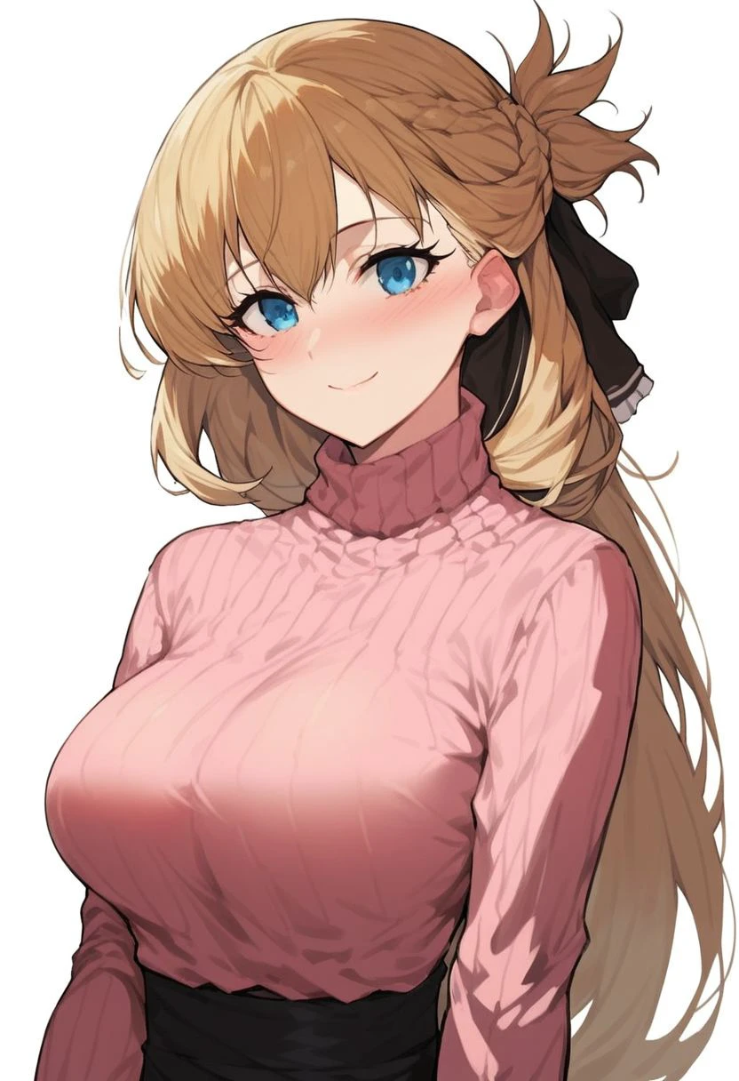 score_9, score_8_up, score_7_up, agnes claudel, 1girl, solo, blonde hair, long hair, blue eyes, pink sweater, large breasts, portrait, smile, blush, looking at viewer, white background