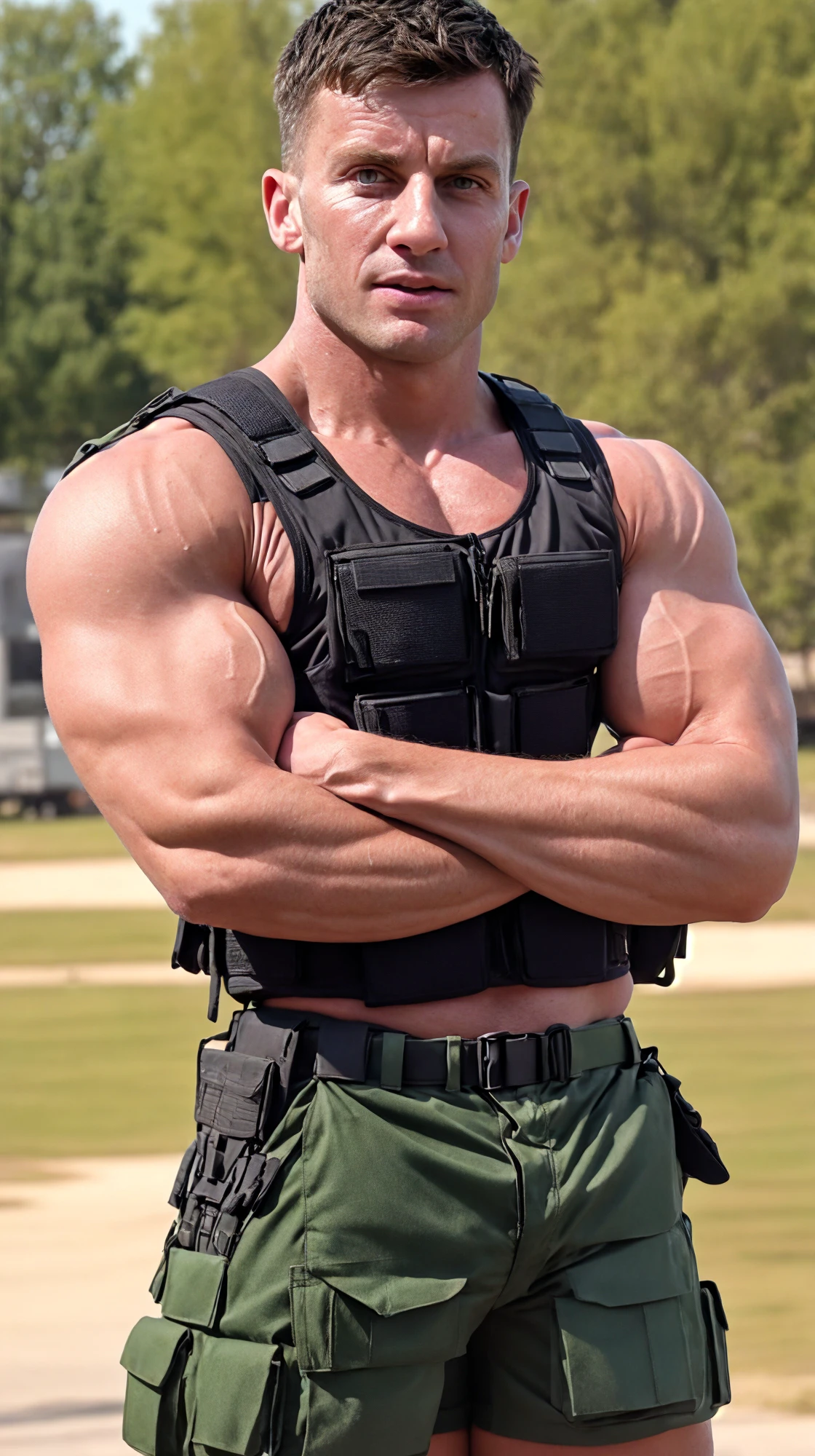 <lora:BulkedUpAIR1.5:0.2>, handsome face, (close up shot:0.7), at outdoor military base, sweaty:1.2, , wearing military shorts, (wearing open SWAT vest:1.1), confident, handsome, (((masterpiece))), (((best quality))), <lora:more_details:0.1>, large pectorals, big muscles:0.5, male, lower color saturation:1, lower contract color:1, CraigHaldirParker  <lora:Craigparker (1):1>