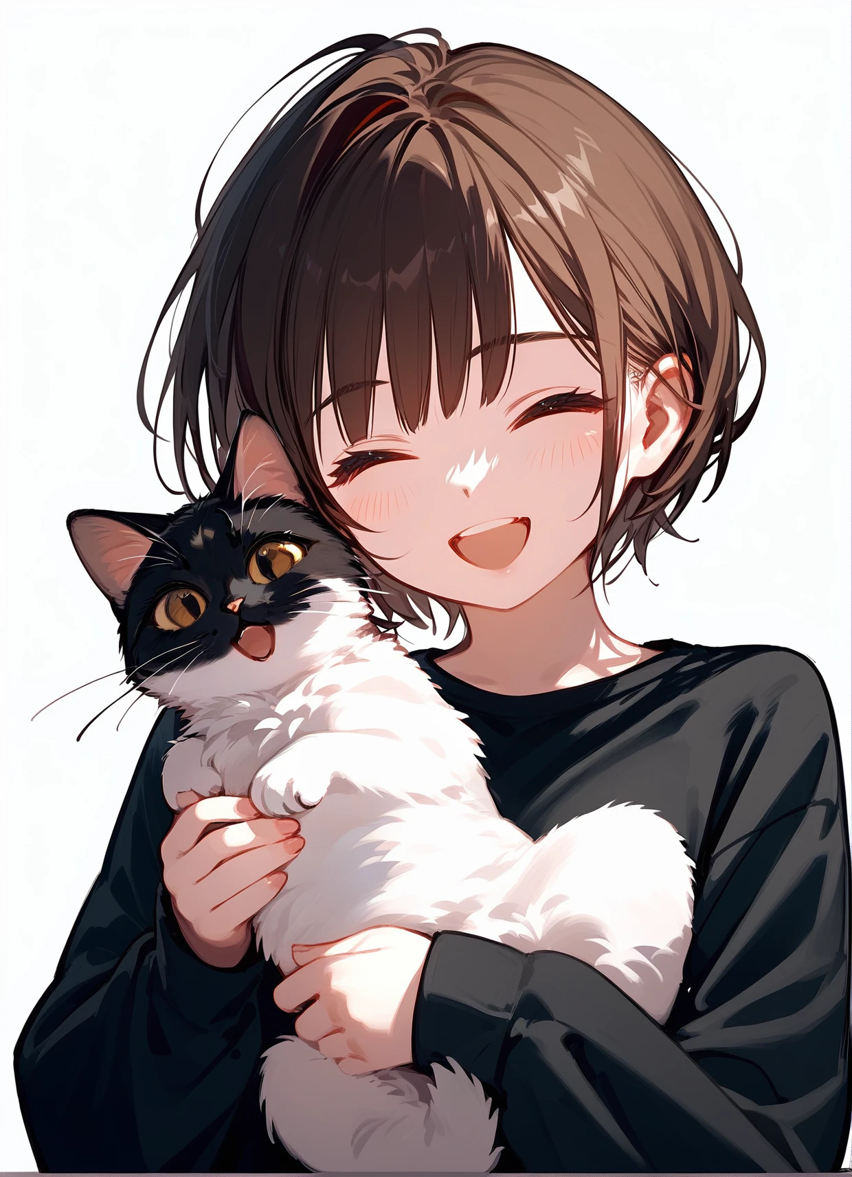 (score_9,score_8_up,score_7_up,score_6_up,s),1girl,closed eyes,smile,holding animal,open mouth,blush,holding,solo,cat,white background,brown hair,upper body,animal,bangs,short hair,teeth,hair intakes,facing viewer,long sleeves,holding cat,upper teeth only,:d,simple background,black shirt,shirt,^_^,happy,