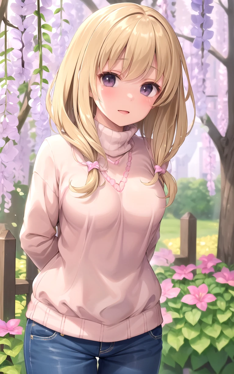 (masterpiece, best quality:1.4), insaneres, absurdres, solo, looking at viewer,BREAK
FAP_ARTSTYLE_sasaame_ra_ownwaifu,
1girl, black eyes, brown hair, long hair, medium breasts, makeup,
long sleeves, sweater, pink jacket, turtleneck, blue pants, formal,
(leaning forward, arms behind back), cowboy shot, garden, wisteria, outdoors, <lora:FAP_ARTSTYLE_sasaame_ra_ownwaifu:0.85> , depth of field