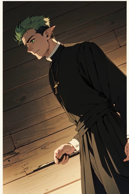 solo male, Kraft\(Frieren: Beyond Journey's End\), elf, masculine, manly, clergy, (olive green hair), short hair, undercut, multicolored hair, green eyes, pointed ears, BREAK (black above-knee-length-cassock, black cassock:1.3), button up cassock, (wide black pants), (cream-colored-clergy-stole:1.3), (white puttee\(legwraps\):1.2), brown shoes, necklace, mature, handsome, charming, alluring, standing, upper body, perfect anatomy, perfect proportions, best quality, masterpiece, high_resolution, dutch angle, cowboy shot, photo background<lora:EMS-355086-EMS:0.900000>