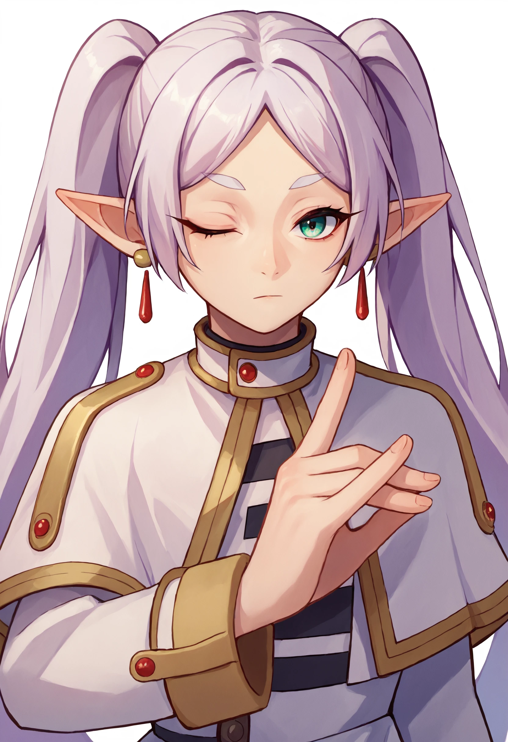 score_9_up score_8_up score_7_up, 1girl, fox shadow puppet (one eye closed:1.1)
BREAK
nereirfpnxl, frieren, 1girl, solo, pointy ears, twintails, very long hair, earrings, holding, jewelry, white background, capelet, elf, dress, simple background, white capelet, long sleeves, white dress, closed mouth, parted bangs, white hair, upper body
<lora:chainsawman_pose_fox_shadow_puppet_pony:1>
<lora:others_frieren_nereirfpnxl_pony_v2:1>