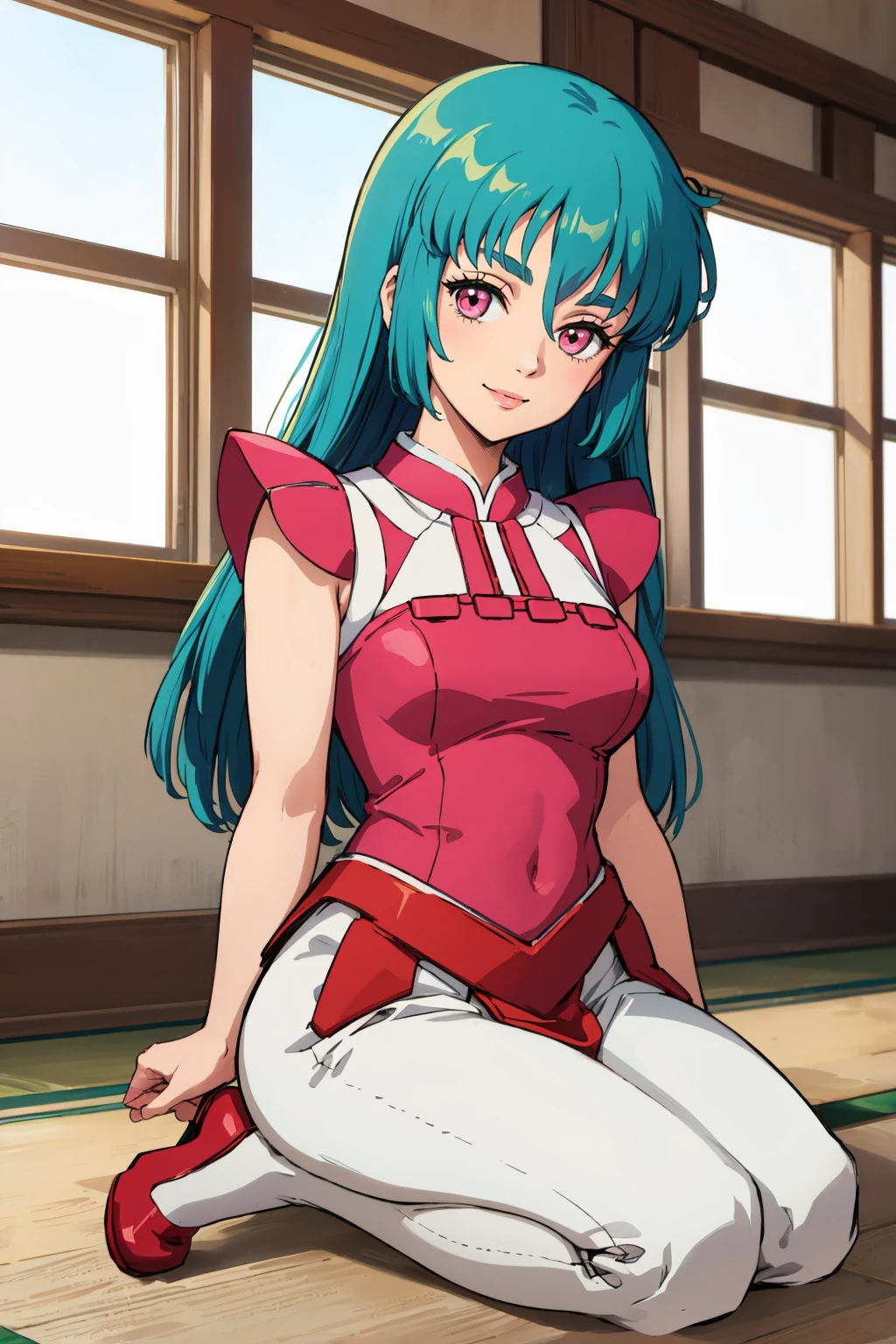 masterpiece, best quality, 1girl  <lora:cielalapana-nvwls-v1-000009:0.9> clapana, green hair, pink dress, sleeveless, white skirt, looking at viewer, seiza, looking at viewer, smile, indoors , red shoes