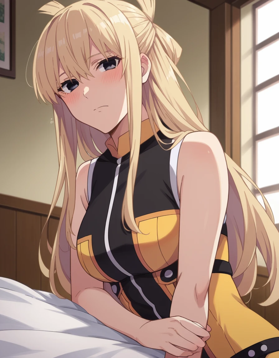 score_9, score_8_up, score_7_up, source_anime,
yumekosuzukiri, <lora:yumeko-suzukiri-s1-ponyxl-lora-nochekaiser:1>,
yumeko suzukiri, long hair, blonde hair, black eyes, half updo, sidelocks, hair between eyes,
bodysuit, yellow bodysuit, sleeveless, bare arms,
indoors, bed, bed room, on side, blush, drunk,
looking at viewer, cowboy shot, solo, dutch angle,