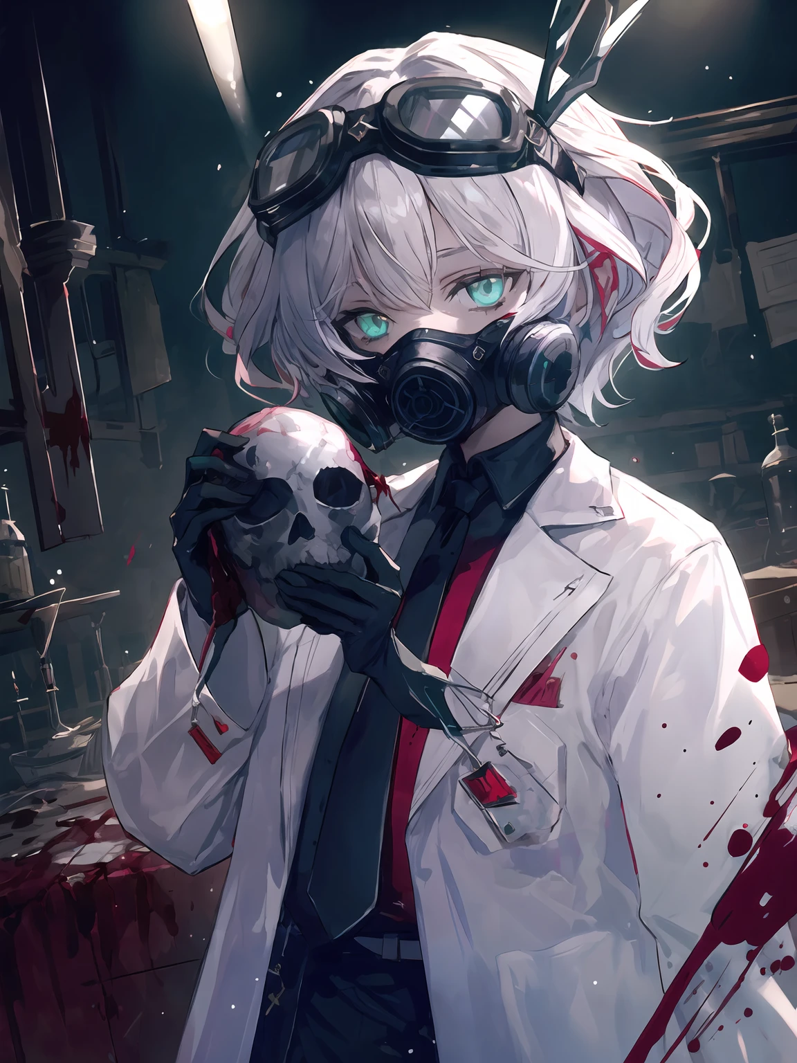 masterpiece,best quality,highres,cinematic lighting,dramatic angle,1girl,<lora:ShadowverseSephieV1:0.8>,white hair,green eyes,hair ornament,goggles,lab coat,black suit,necktie,holding operating knife,operating room,depth of field,looking at viewer,shaded face,(glowing eyes,:1.2)mask,blood,cowboy shot,<lora:backlight_slider_v10:-1>,<lora:flat2:-0.5>