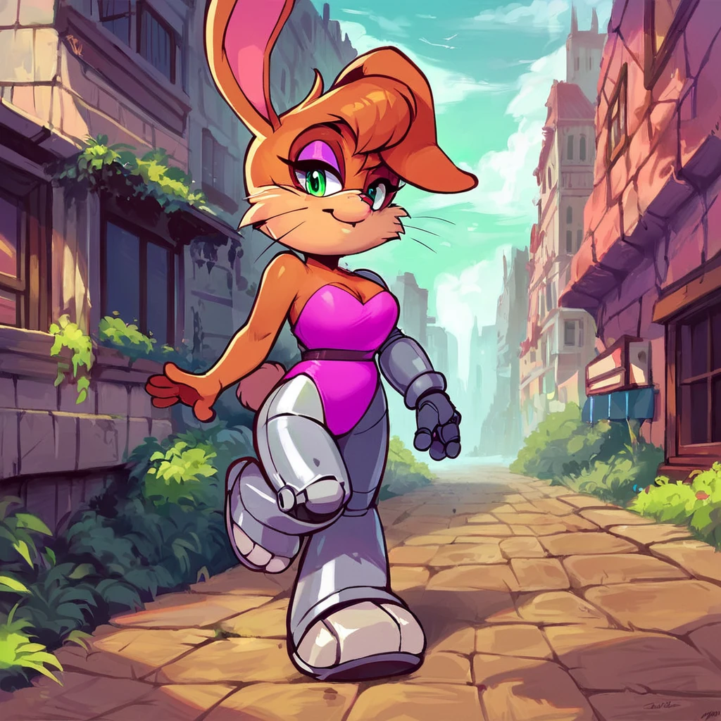 score_9, score_8_up, score_7_up, score_6_up, score_5_up, score_4_up, (Source furry), (rating safe), <lora:BunnieRabbotSATAMxL2:1>, bunnie rabbot, whiskers, 1girl, solo, rabbit girl, outside, walking in city, furry female, emerald green eyes, looking at viewer, mechanical legs, single mechanical arm, pink leotard,