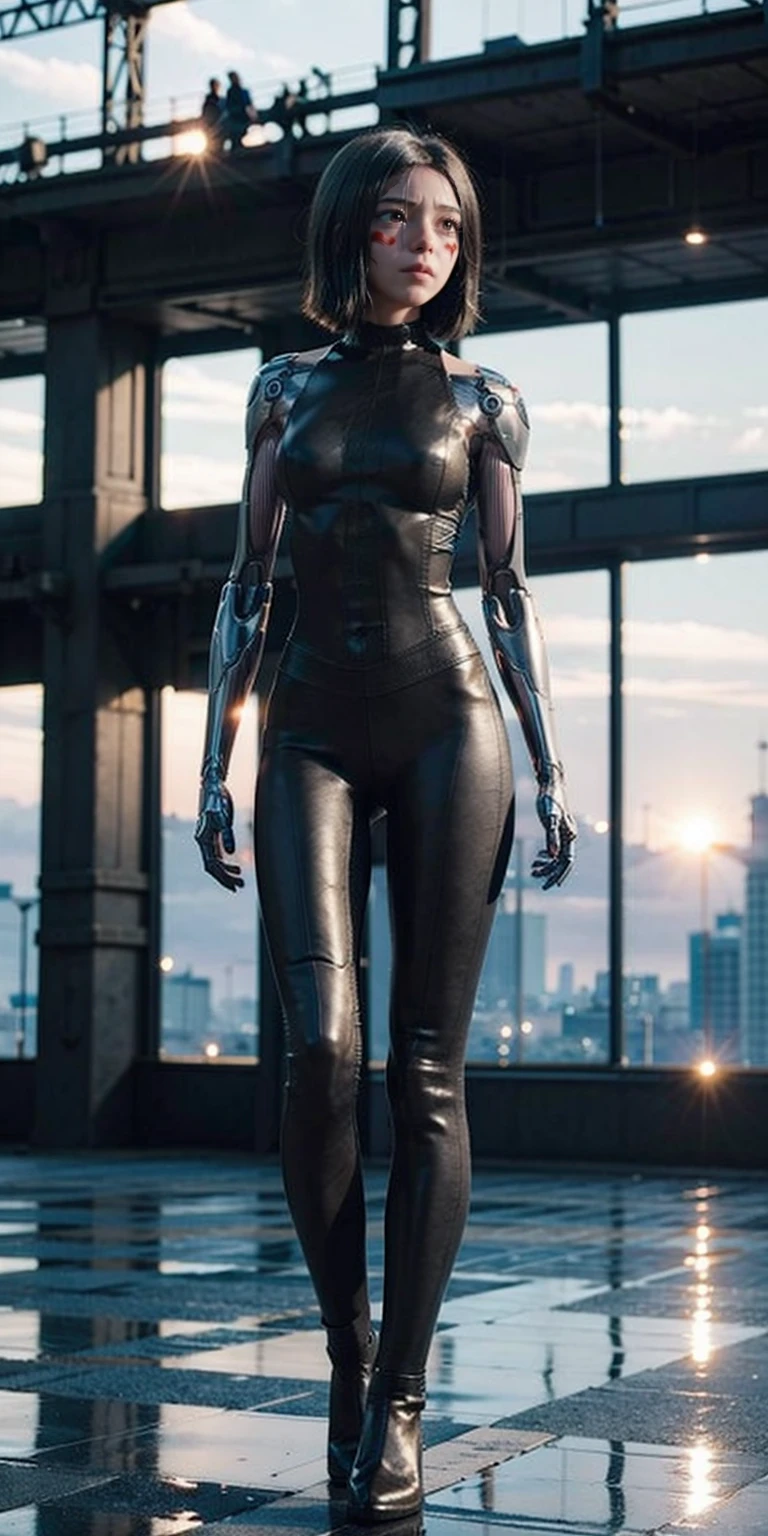 1girl, cyborg, solo, bodysuit, high heels,   Crop top,  full body, stand,  black hair, Bob Cut,   masterpiece, best quality,8k, In a tranquil countryside town,