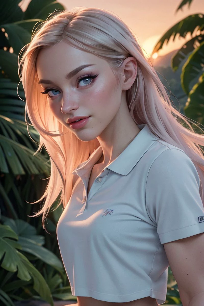photo of S390_SageRabbit,a stylish woman,in a (jungle:1.1),wearing a (polo-shirt:1.1),(leggings),(sunset),(4k, RAW photo, best quality, 50mm, depth of field, ultra high res:1.1),(intricate, photorealistic, cinematic-shot, masterpiece, ultra-detailed:1.1),