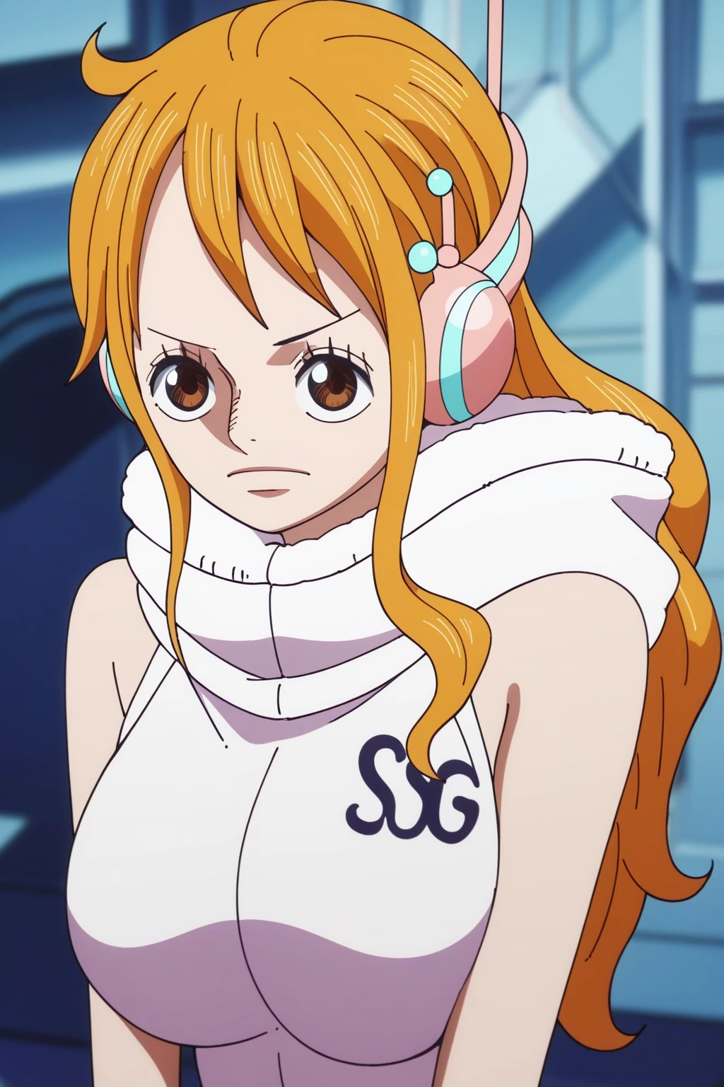 score_9, score_8_up, score_7_up, score_6_up, score_5_up, score_4_up, BREAK, source_anime,nami_v1, leotard, 1girl, solo, orange hair, long hair,upper_body<lora:EMS-354508-EMS:1.000000>