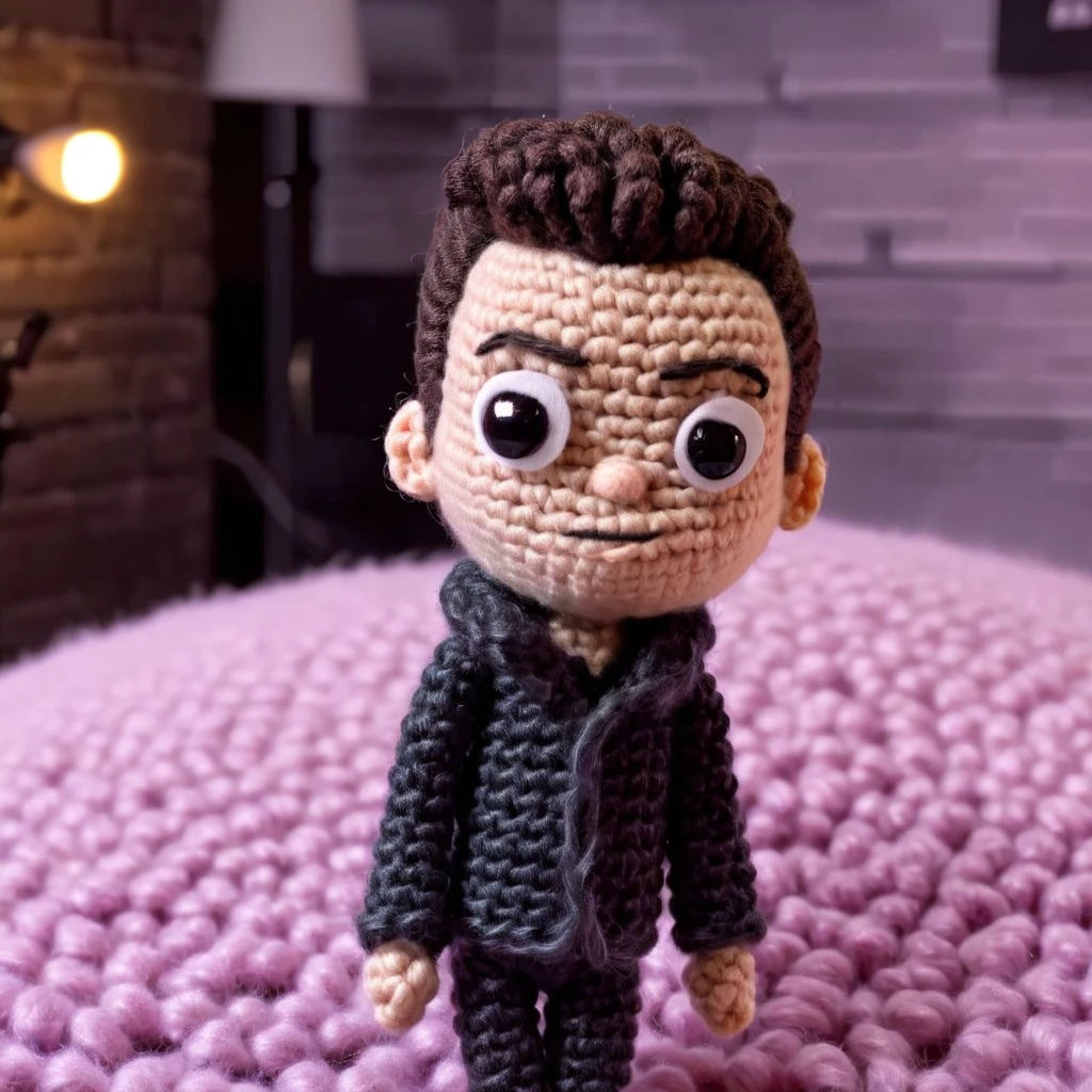 Rami Malek, candid pose,  
Chic urban loft ,
movie scene  in amigurumi style, extremely fuzzy yarn, miniature diorama,  
HD, 8k, highly detailed, perfect composition, depth of field, cinematic lighting, volumetric lighting, color graded, 
 <lora:Amigurumi_Style_XL_LyCoris_v1.5.2-000024:1>