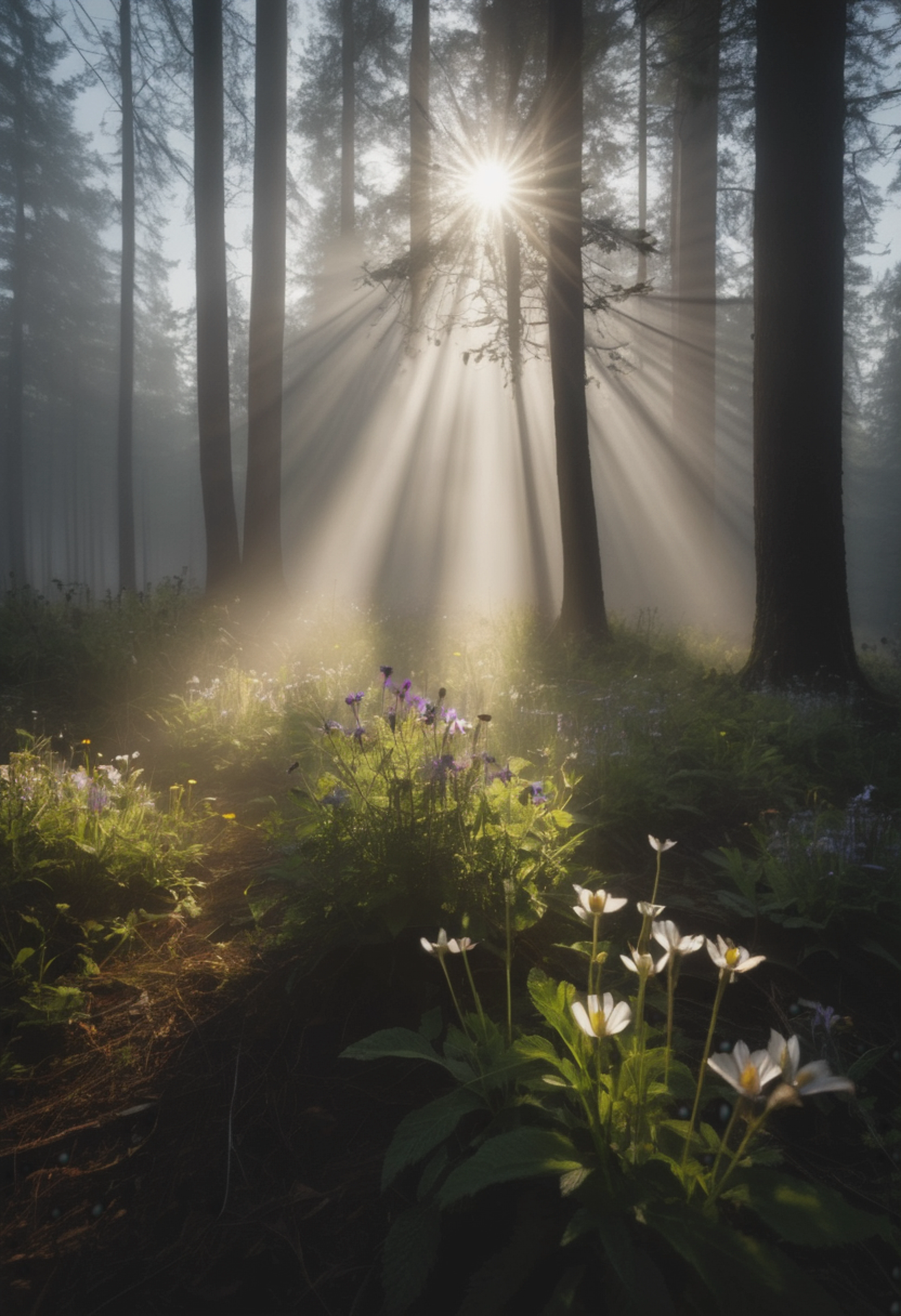(Cinematic lighting, 4k:1.1) Sunbeams piercing through dense mist, casting dramatic shadows on a tranquil forest clearing, where a single wildflower blooms, symbolizing hope amidst the darkness.