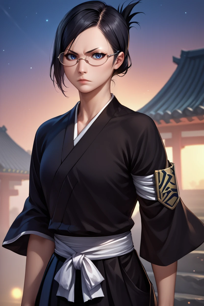 score_9, score_8_up, score_7_up, score_6_up, source_anime, BREAK 1girl, solo, <lora:isenanao-pdxl-nvwls-v1-000006:1> ise nanao, folded ponytail, glasses, black robes, sash, black skirt, hakama skirt, armband, realistic, looking at you, serious, night sky