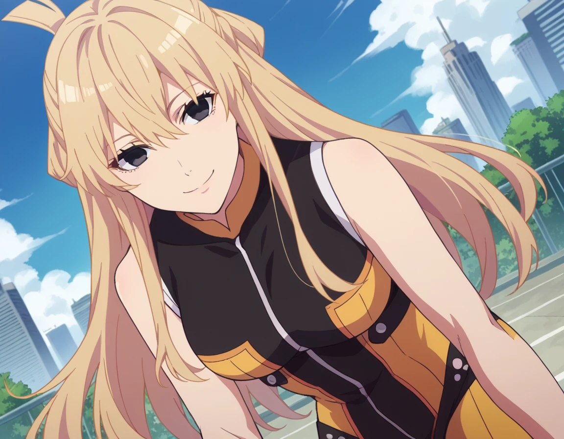 score_9, score_8_up, score_7_up, source_anime,
yumekosuzukiri, <lora:yumeko-suzukiri-s1-ponyxl-lora-nochekaiser:1>,
yumeko suzukiri, long hair, blonde hair, black eyes, half updo, sidelocks, hair between eyes,
bodysuit, yellow bodysuit, sleeveless, bare arms,
outdoors, cityscape, bent over, smile,
looking at viewer, cowboy shot, solo, dutch angle,