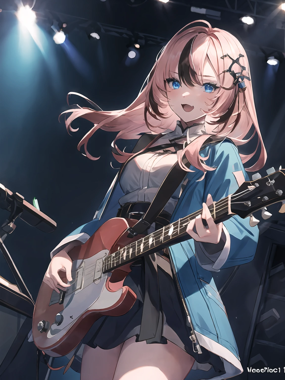 masterpiece,best quality,highres,cinematic lighting,dramatic angle,1girl,pink hair,two-tone hair,blue eyes,<lora:ShadowverseSaintTeresaV2:0.8:lbw=jiangshi3>,hair ornament,long hair,concert,looking at viewer,stage,highlights,<lora:flat2:-0.25> ,holding guitar,long hair,chisato anon,blue jacket,white shirt,sarong,skirt,belt,fang,open mouth