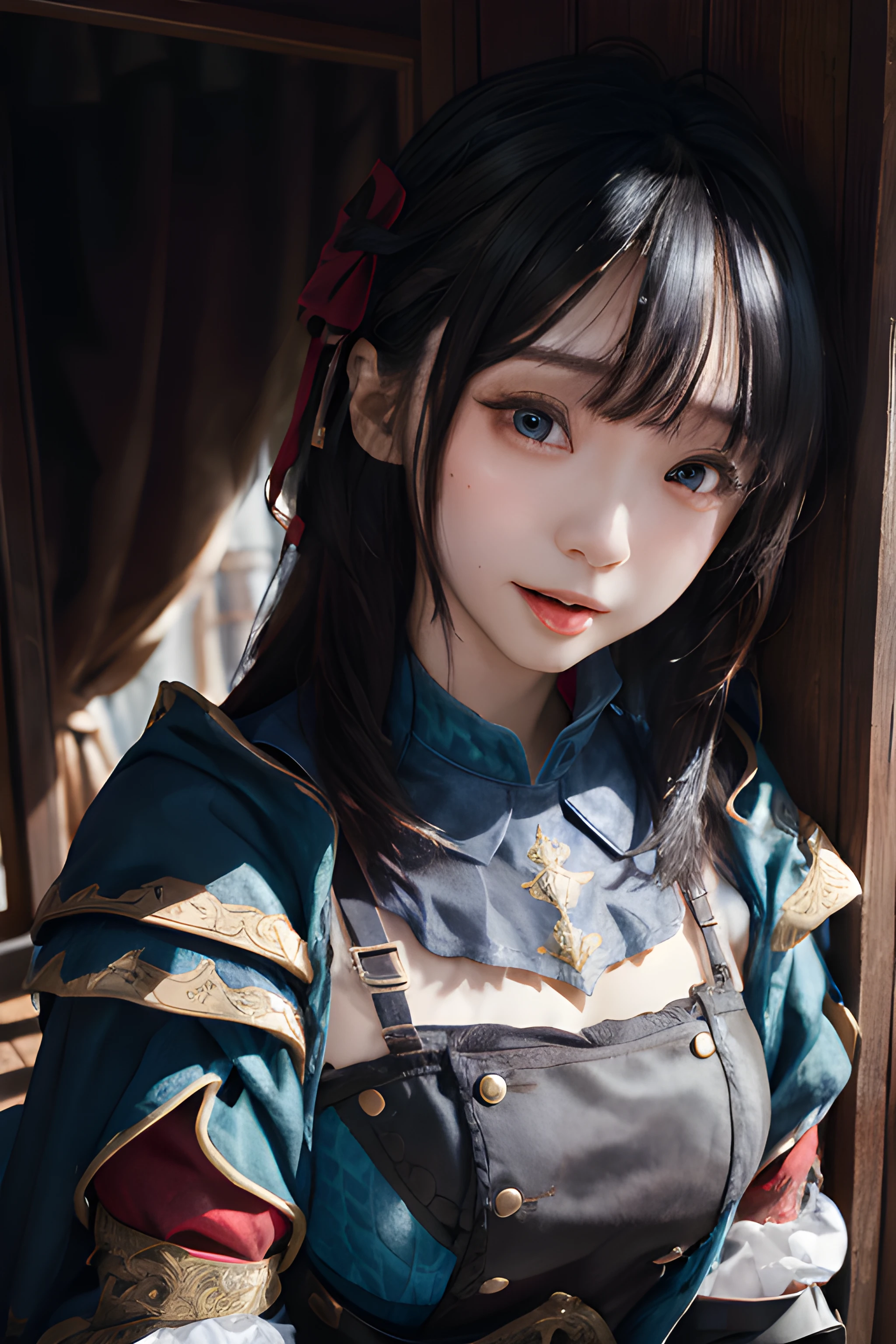 iorm, masterpiece, best quality, 1girl, portrait, closeup, (fully clothes), {royal armor|kimono|formal dress|nun costume|school uniform|maid uniform|office lady}, {cosplay|cat ears|tongue out|smile|twintails|maid headband|flower}