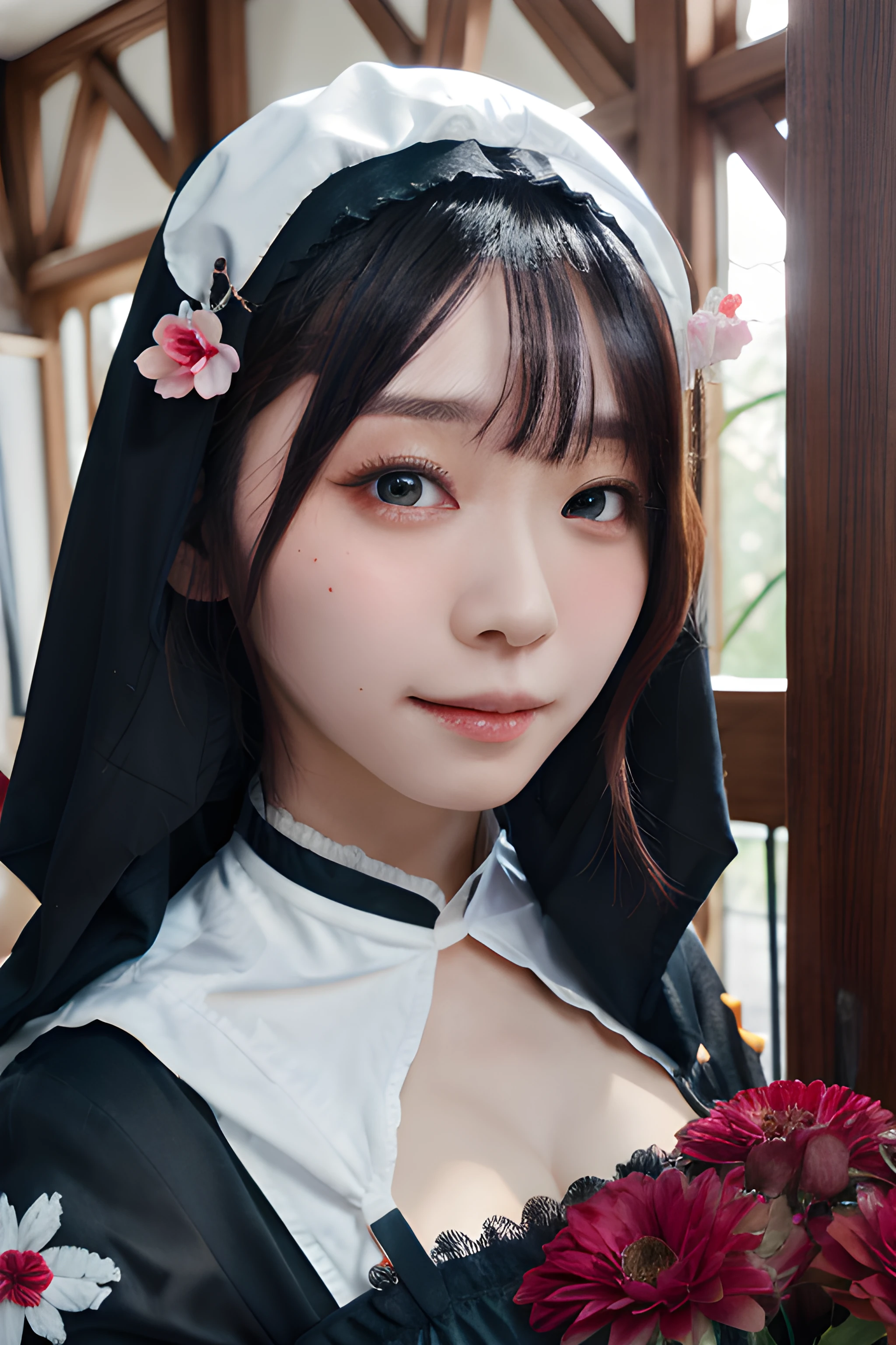 iorm, masterpiece, best quality, 1girl, portrait, closeup, (fully clothes), {royal armor|kimono|formal dress|nun costume|school uniform|maid uniform|office lady}, {cosplay|cat ears|tongue out|smile|twintails|maid headband|flower}