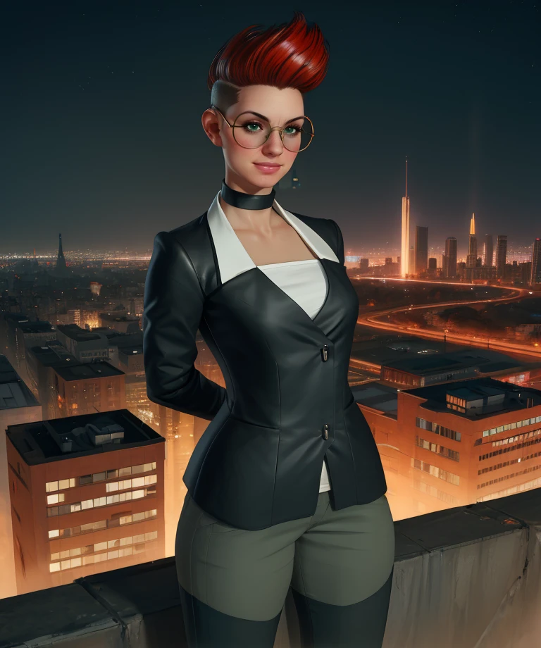 rachel,green eyes,red hair,short hair,undercut,round eyewear,
black choker,shirt,long sleeves,black pants,arms behind back,
light smile,looking at viewer,
night,cityscape,science fiction,
(insanely detailed, masterpiece, best quality),solo,<lora:rachelcasich:0.9>,