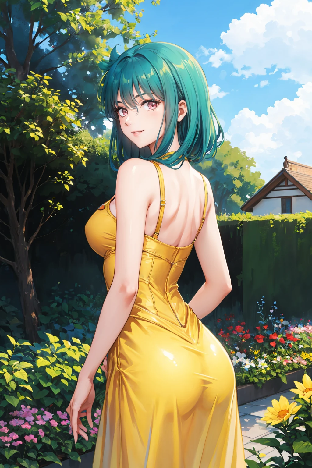 masterpiece, best quality, 1girl  <lora:cielalapana-nvwls-v1-000009:0.9> clapana, green hair, yellow sundress, yellow dress, from behind, garden, blue sky, smile, pink eyes