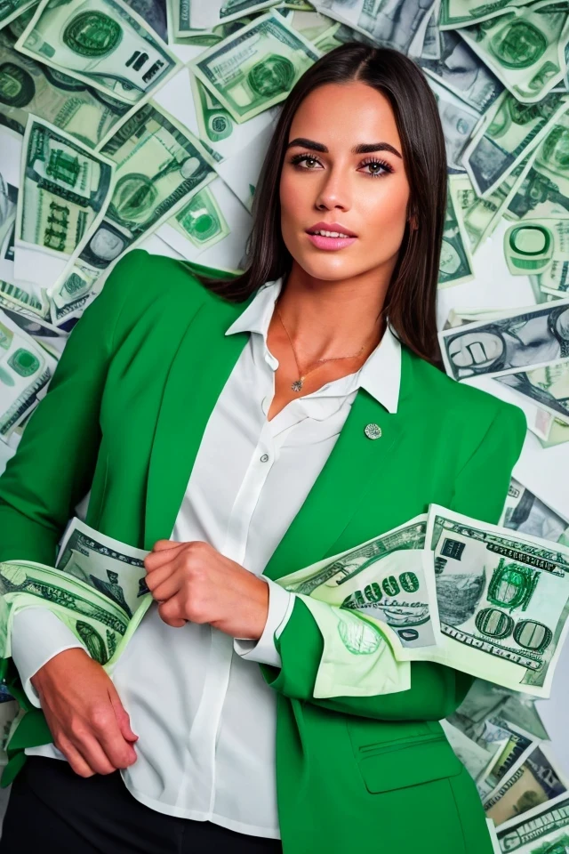 katie britt <lora:politician_002_katie_britt:0.65> face closeup, face focus, shirt, formal, suit, collared shirt, white shirt, jacket,
green suit, dollars, money, bills, green banknotes flying,
best quality, masterpiece, HDR, professional, studio quality, highres,