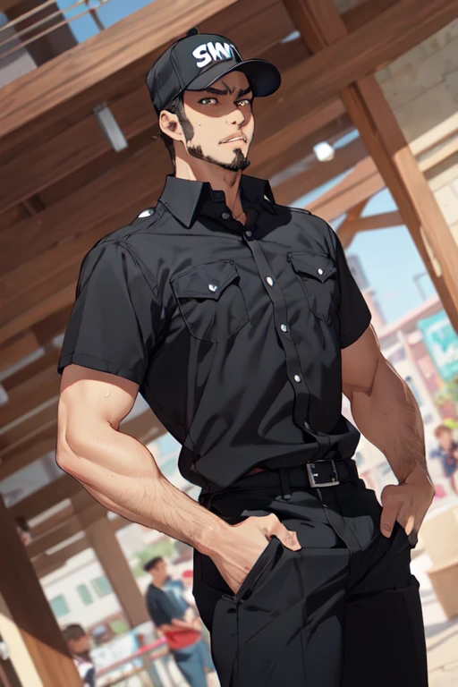 solo male, Memory T Cell\(Cells at Work\), tan skin, brown eyes, facial hair, goatee, sideburns, black uniform, black collared shirt, black pants, (wearing cap, black cap), boots, mature, handsome, charming, alluring, fit, silm, slender, standing, upper body, perfect anatomy, perfect proportions, best quality, masterpiece, high_resolution, dutch angle, cowboy shot, photo background<lora:EMS-354753-EMS:0.800000>