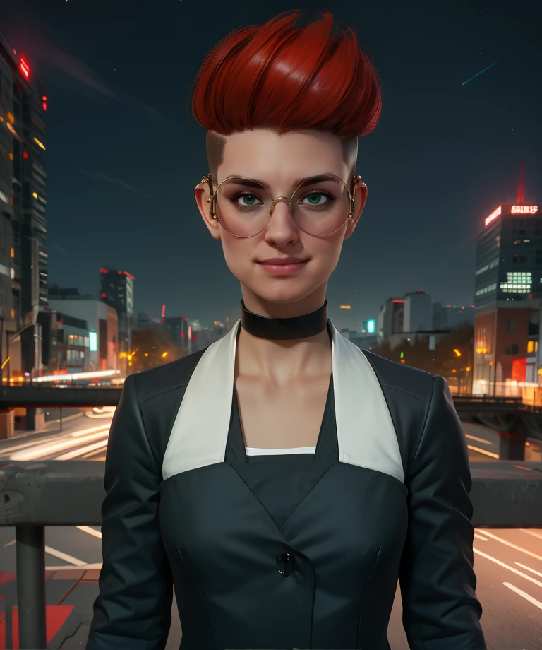 rachel,green eyes,red hair,short hair,undercut,round eyewear,
black choker,shirt,long sleeves,black pants,
light smile,looking at viewer,
standing,upper body,
night,cityscape,science fiction,
(insanely detailed, masterpiece, best quality),solo,<lora:rachelcasich:0.9>,