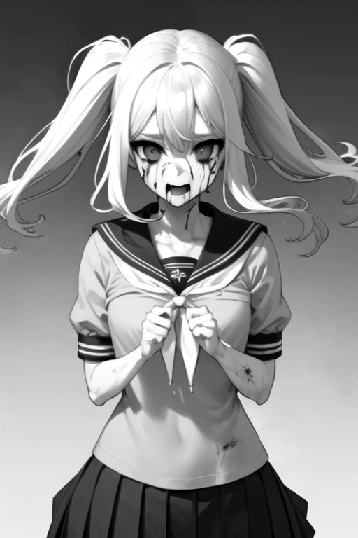 FunGirl, 1girl, solo, long hair, pleated skirt, white shirt, twintails, school uniform, short sleeves, serafuku, sailor collar, neckerchief, empty eyes, blood from mouth, horror (theme), cracked skin, blood from eyes, monochrome 