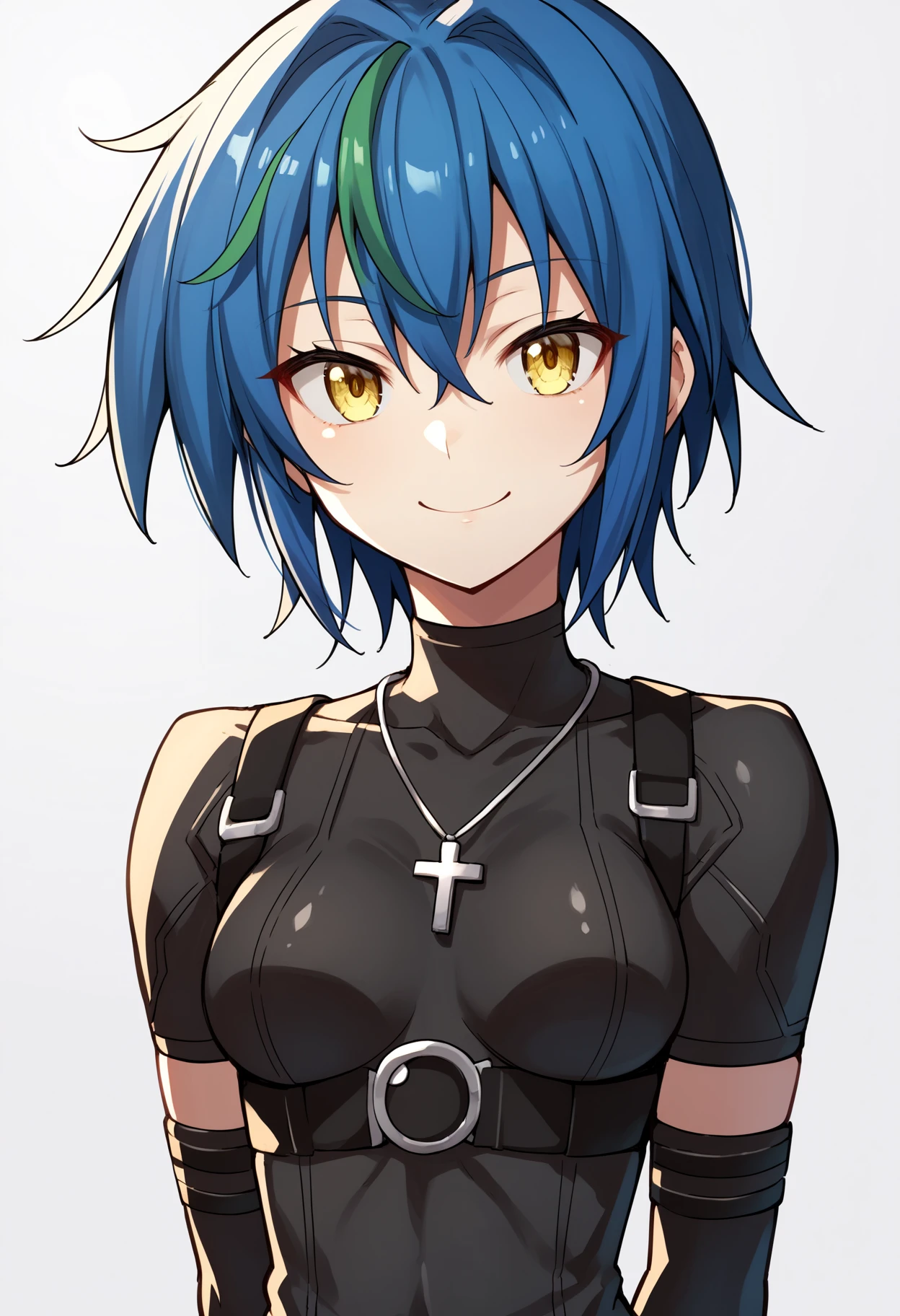 score_9, score_8_up, score_7_up, score_6_up, score_5_up, score_4_up, BREAK, source_anime,
1girl, xenovia, blue hair, streaked hair, hair between eyes, short hair, yellow eyes,
black leotard, skin tight short sleeves, cross necklace, fingerless elbow gloves,
hands behind back, smile, upper body, looking at viewer, solo, simple background, white background   <lora:XenoviaXL:1>