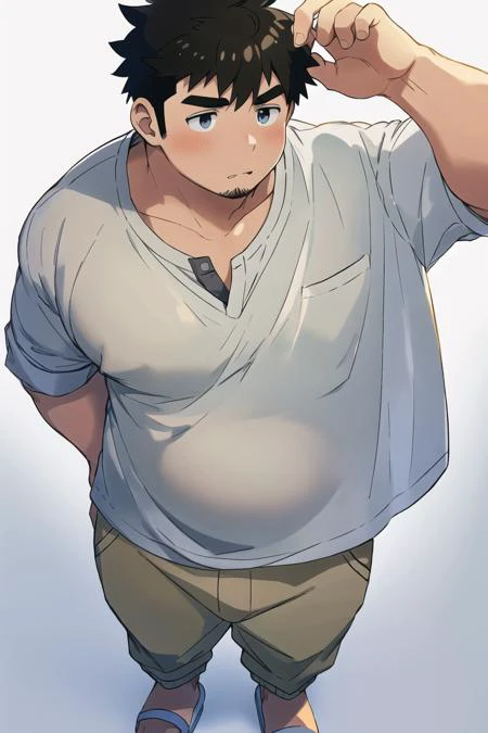1man,masterpiece best quality, Chubby, Belly, Round face, from above, messy hair, nipples, Casual clothes, Simple white background <lora:Baralora:0.5>