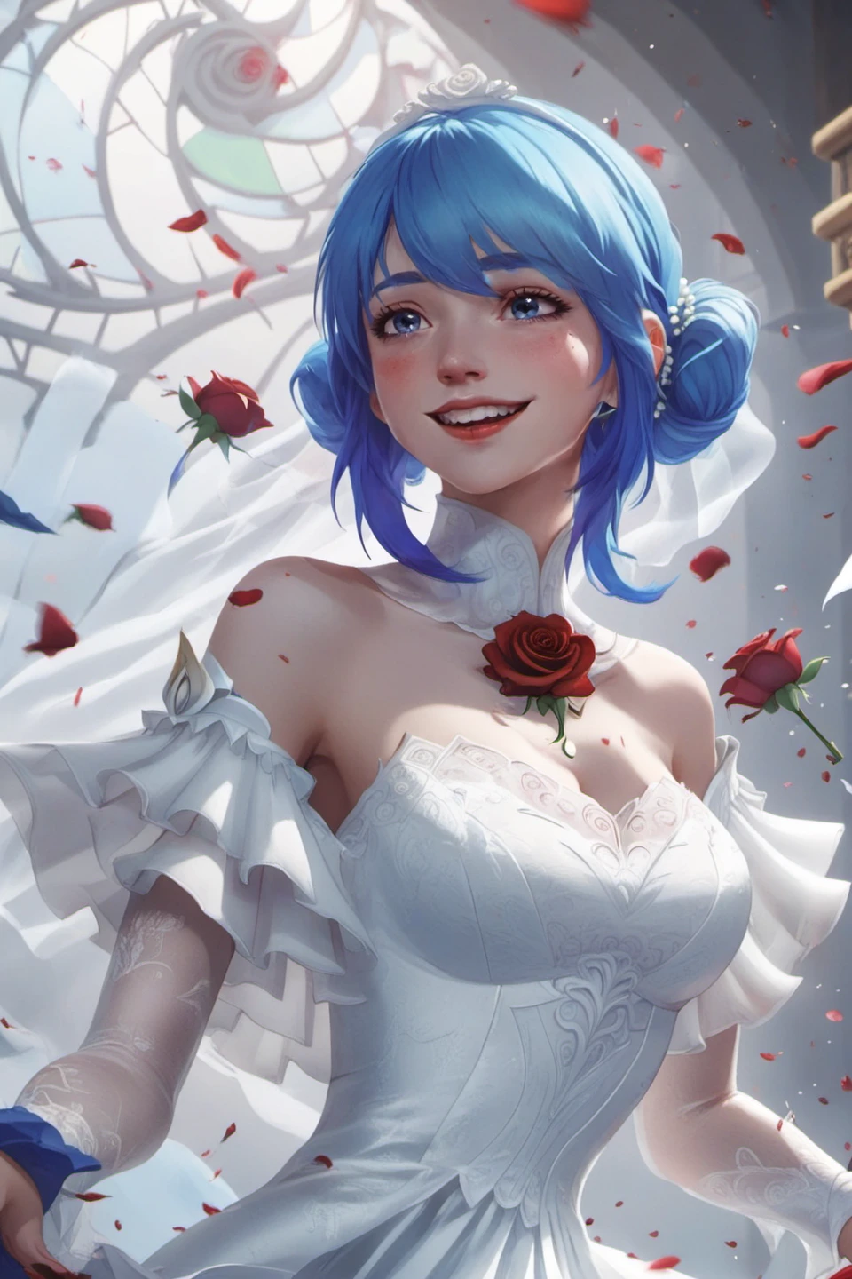 game concept art, blue hair, white wedding dress, realistic lighting, detail shading, 1girl, upper body, smile, open mouth, flying petals in the background, looking at viewer, hand hanging on top of breast, holding a red rose