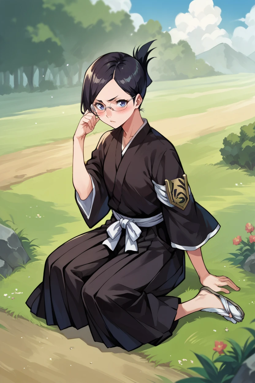 score_9, score_8_up, score_7_up, score_6_up, source_anime, BREAK 1girl, solo, <lora:isenanao-pdxl-nvwls-v1-000006:1> ise nanao, folded ponytail, glasses, black robes, sash, black skirt, hakama skirt, sitting, on ground, sandals, blush, field
