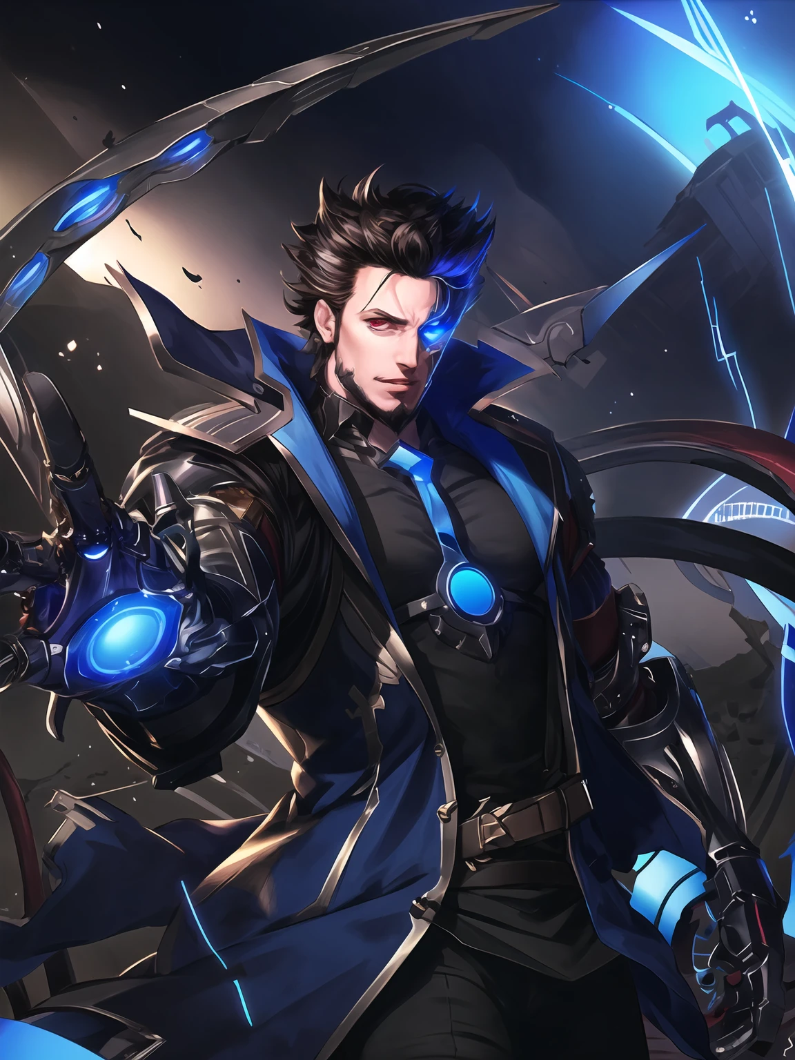 masterpiece,best quality,highres,cinematic lighting,dramatic angle,1boy,<lora:ShadowverseBelphometV3:0.8>,heterochromia, red eyes,blue eyes,black hair,pointy hair,blue jacket,belt,black suit,necktie,,mechanical arms,mechanical parts,mechanical tentacles,wire,electricity,evil smile,teeth,looking at viewer,glowing particles,<lora:flat2:-0.5> ,<lora:add_detail:0.2> ,cyborg,depth of field,magic,circlet,shaded face,glowing eyes, ribbon,cowboy shot,destruction,dust and ash,floating objects
