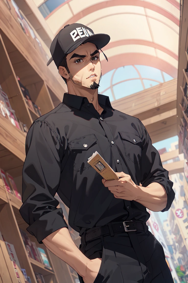 solo male, Memory T Cell\(Cells at Work\), tan skin, brown eyes, intense eyes, angled eyebrows, facial hair, goatee, sideburns, black uniform, black collared shirt, black pants, (wearing cap, black cap), boots, mature, handsome, charming, alluring, fit, silm, slender, standing, upper body, perfect anatomy, perfect proportions, best quality, masterpiece, high_resolution, dutch angle, cowboy shot, photo background, perfect eyes
<lora:EMS-354753-EMS:0.800000>, <lora:EMS-498-EMS:0.600000>