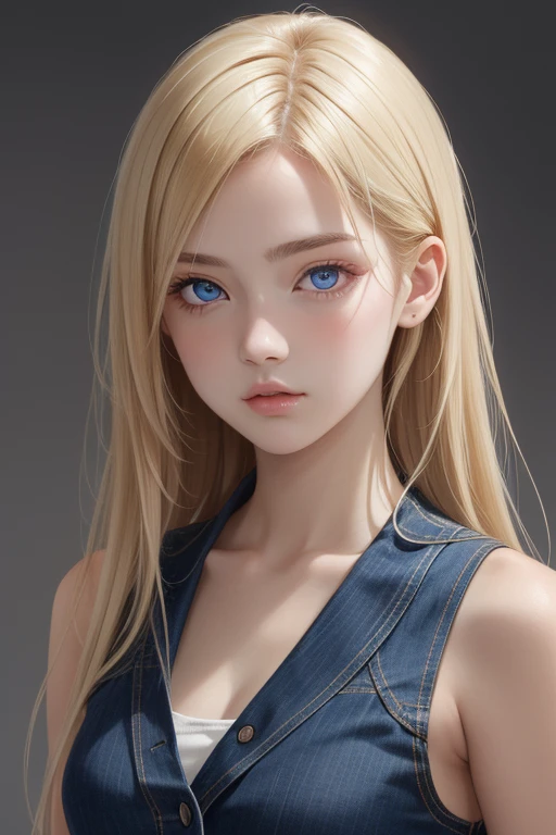 1girl, upper body, (masterpiece, best quality), RAW photo, 16k wallpaper, extremely detailed CG, amazing, ultra detailed, hyperrealistic, official art, High quality texture, incredibly absurdres, highres, 18 years old, cute girl, blonde hair, beautiful face, detailed large indigo eyes