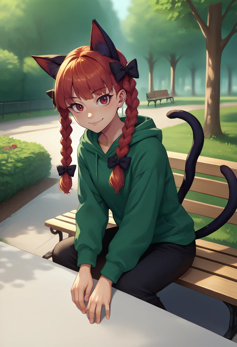 score_9, score_8_up, score_7_up, source_anime, solo, 1girl, kaenbyou rin, smile, looking at viewer, sitting, park bench, twin braids, hair bow, black bow, animal ears, green hoodie, black pants, cat tail, multiple tails, outdoors <lora:touhou_kaenbyou_ponyXL:1>