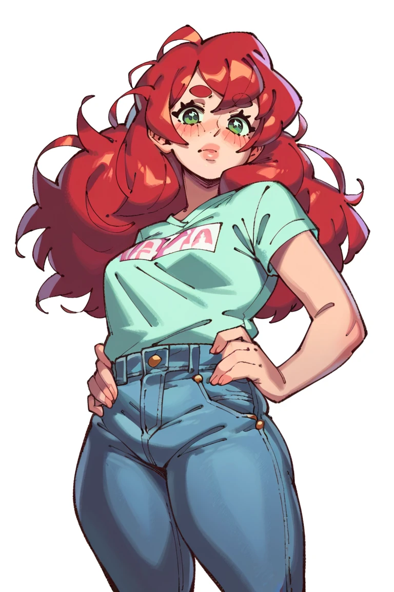 <lora:Rizdraws:1>, score_9, score_8_up, score_7_up, score_6_up, score_5_up, rating_questionable, source cartoon
1girl, pretty face, pretty eyes, detailed eyes, HD eyes, thick thighs
hands on hips, standing, cowboy shot
looking at viewer, blush, eyebrows, long hair, red hair, green eyes jeans, green t-shirt, boots, high waisted jeans
simple background, white background