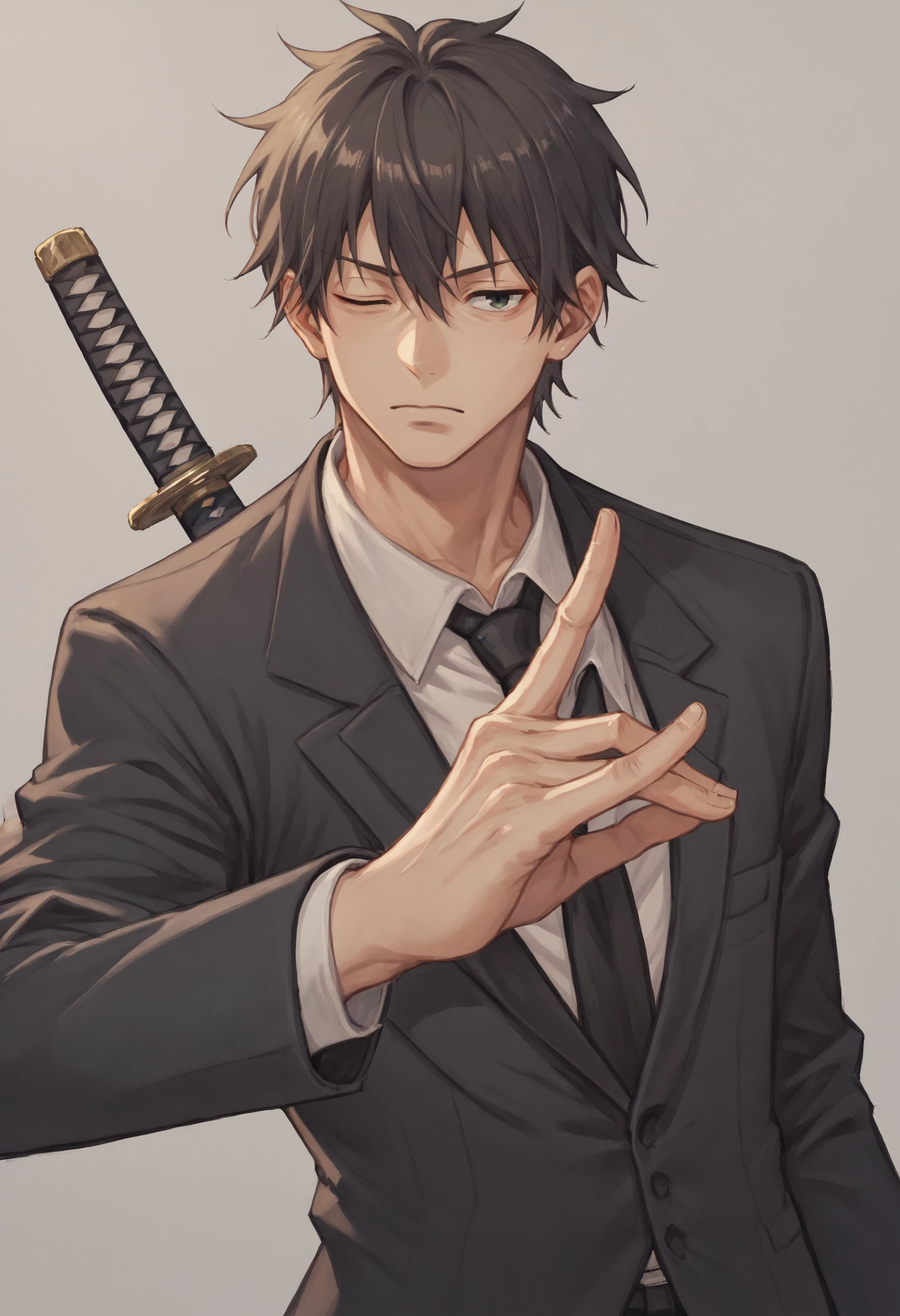 score_9_up score_8_up score_7_up, 1boy, fox shadow puppet one eye closed, hayakawa aki, formal, suit, shirt, katana, topknot
<lora:chainsawman_pose_fox_shadow_puppet_pony:1>