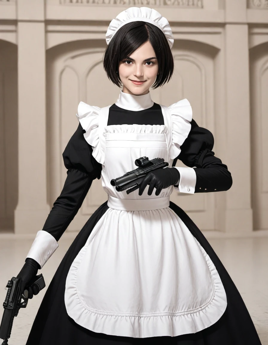 score_9, score_8_up, score_7_up, score_6_up, raw photo, source_realistic, textured skin, skin pores, <lora:rwshiori-pxl:1>, rwshiori,  black gloves, black bodysuit, maid, weapon, gun, maid apron, maid headdress, apron, short hair, holding weapon, holding gun, holding, slight smile, dress