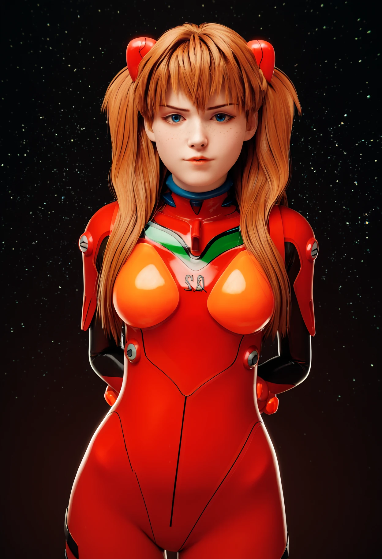 score_9, score_8_up, score_7_up, uncensored BREAK
blender,3D BREAK
1girl, shirogane, souryuu asuka langley, brown hair, twintails, bangs, freckles, long hair, blue eyes,
red plugsuit, plugsuit, red bodysuit, skin tight,
hands behind back, looking at viewer,
dark background, simple background, particles, bokeh,
black background,starry background,galaxy background,dark,contrast
<lora:Randommaxx_dark_offset_v1.1_lora_fp16:1>
<lora:fugtrup-guy-PONYv101:1> <lora:ShiroganeXL:1>