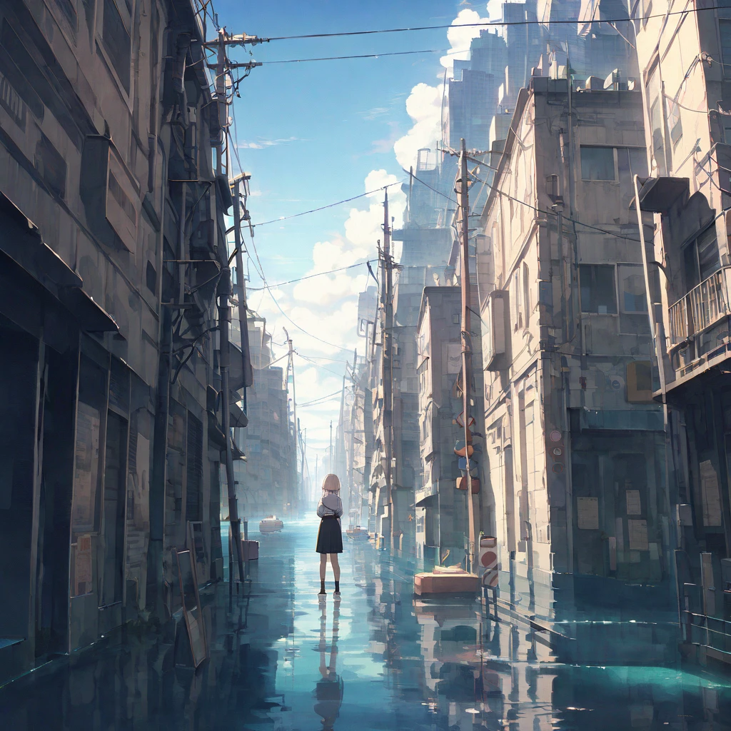 1girl,building, city, cityscape,ocean,power lines,masterpiece, best quality, very aesthetic, absurdres ,    <lora:Submerged ruins-v1:1>