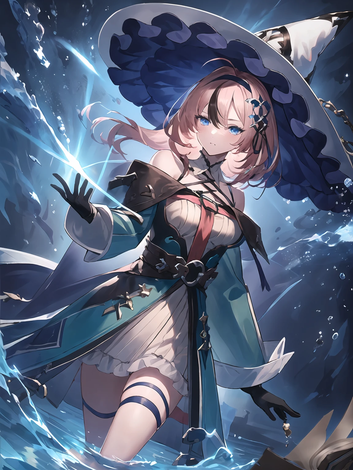 masterpiece,best quality,highres,cinematic lighting,dramatic angle,1girl,pink hair,two-tone hair,blue eyes,<lora:ShadowverseSaintTeresaV2:0.8> ,witch hat,hand up,hairband,hair ornament,bare shoulders,bowite,halterneck,detached collar,green dress,white dress,frills,thigh strap,looking at viewer,book,expressionless,belt,sidelocks,gloves,ribbon,magic,water