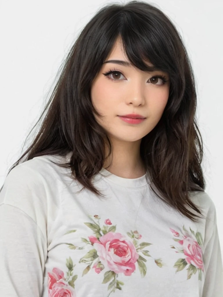 1girl, emirulol, flowered tshirt, long sleeves, upper body, headshot, (white background), <lora:emiruxl:0.8> emirulolxl