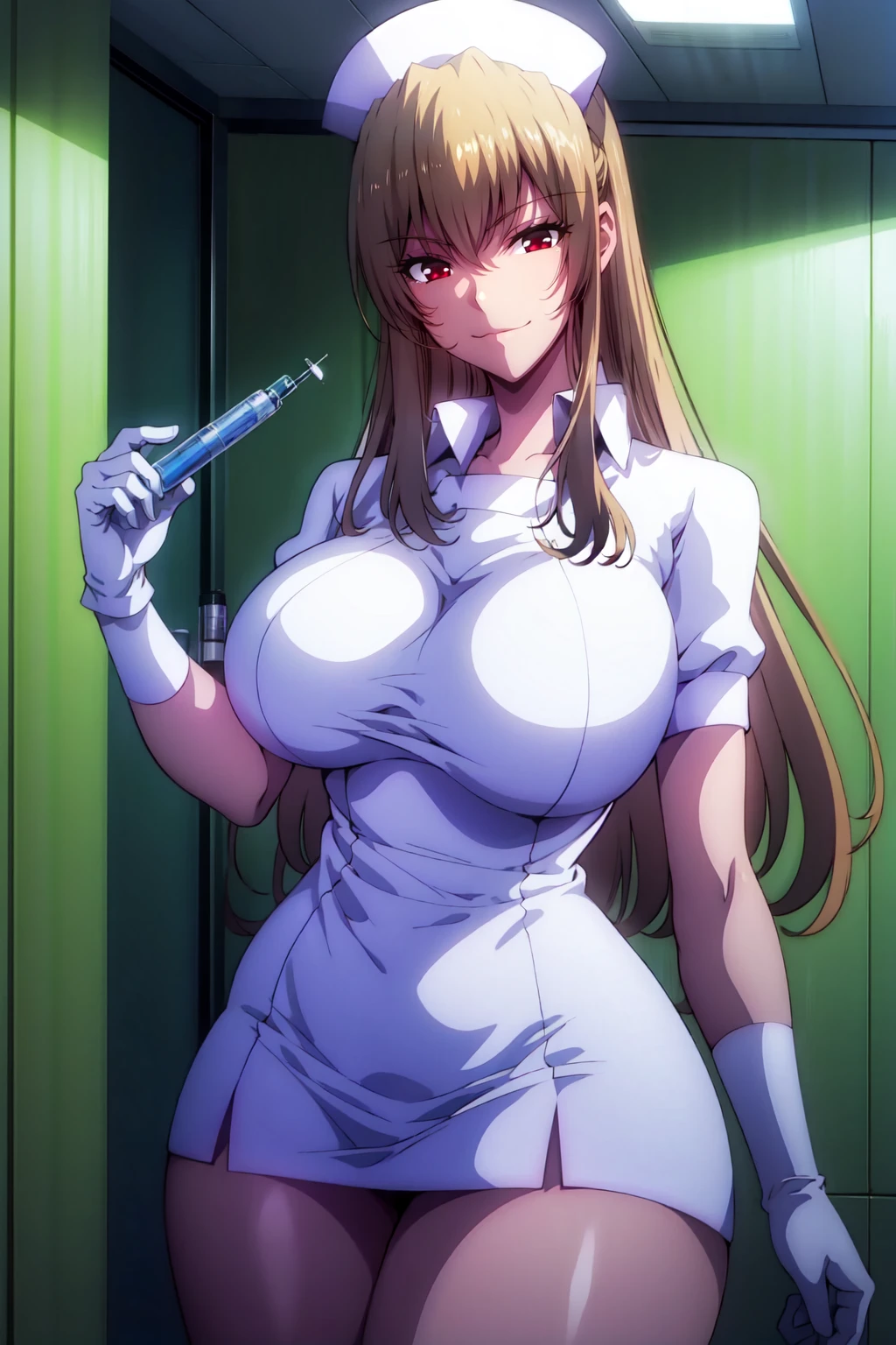 lora:Sakusei_Byoutou__Nurses:1>,yamaguchi,the violent nurse,1girl,breasts,red eyes,long hair,light blonde hair,((smirk,you gonna get raped,looking at the viewer)),((syringe,holding,holding syringe)),((nurse cap,skirt,thighs,white gloves)),((indoors,hospital,bed)),cowboy shot,