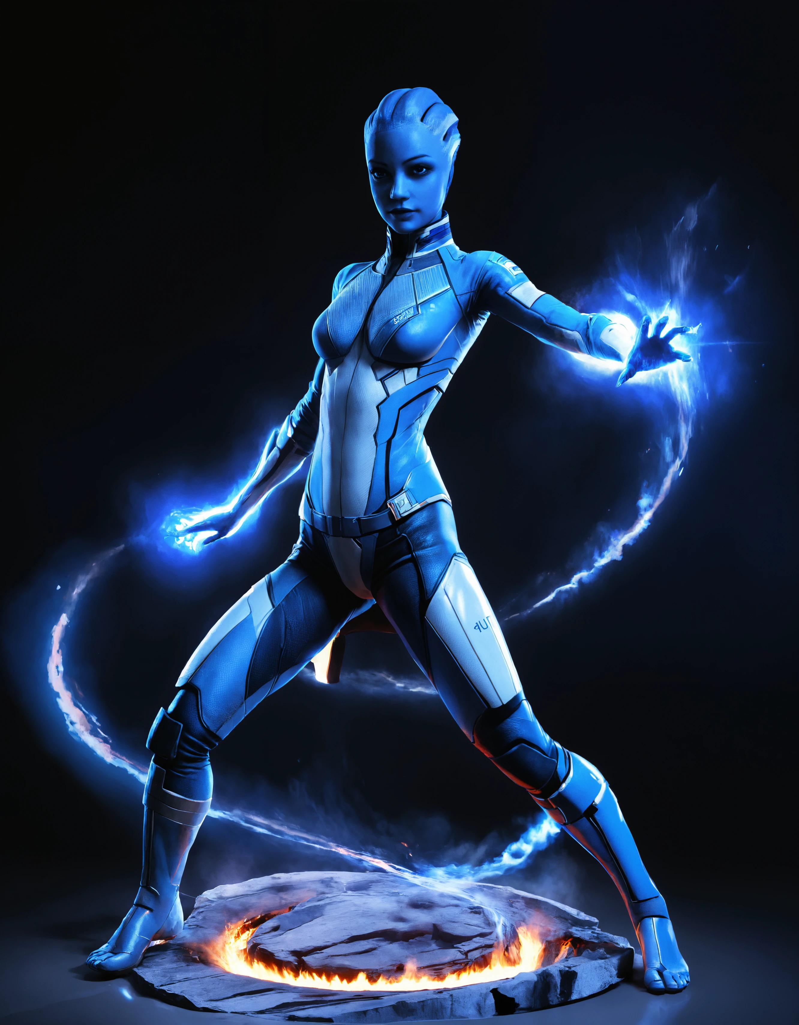 (zavy-liara:1.3), glamour shot of a beautiful young asari wearing sci-fi armor casting blue magic at viewer, action pose, fighting pose, looking at viewer, subsurface scattering, clean, crouching, fabric, small breasts,