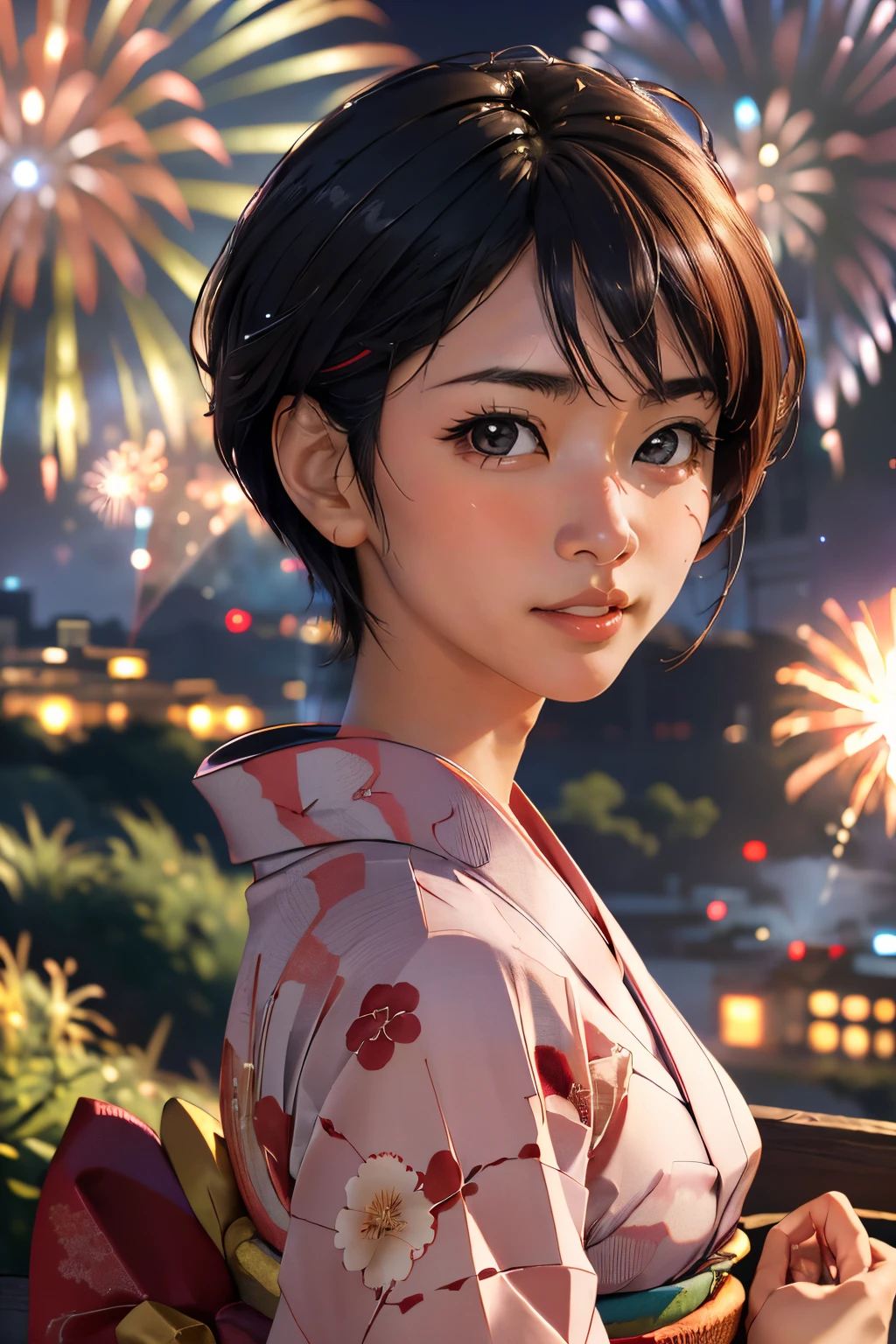 1girl,(wearing a yukata with floral pattern:1.2),(on a hill overlooking a city:1.4),(fireworks in the background:1.3),(RAW photo, best quality), (realistic, photo-realistic:1.4), masterpiece, an extremely delicate and beautiful, extremely detailed, 2k wallpaper, Amazing, finely detail, extremely detailed CG unity 8k wallpaper, ultra-detailed, highres, soft light, beautiful detailed girl, extremely detailed eyes and face, beautiful detailed nose, beautiful detailed eyes,cinematic lighting,city lights at night,starry sky,perfect anatomy,dynamic angle,modest pose,(short hair:1.2),(in the center of image),light smile
yukiuchidalora<lora:yukiuchidalora:1>