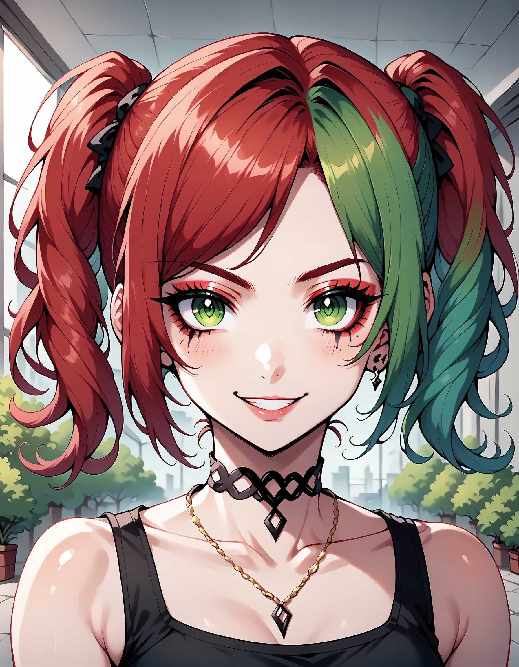 dspdxslme, 1girl, solo, green eyes, jewelry, necklace, multicolored hair, looking at viewer, green hair, choker, makeup, smile, depth of field, gradient hair, upper body, twintails, red hair, choker, <lora:NijiSlimePDXL:1>