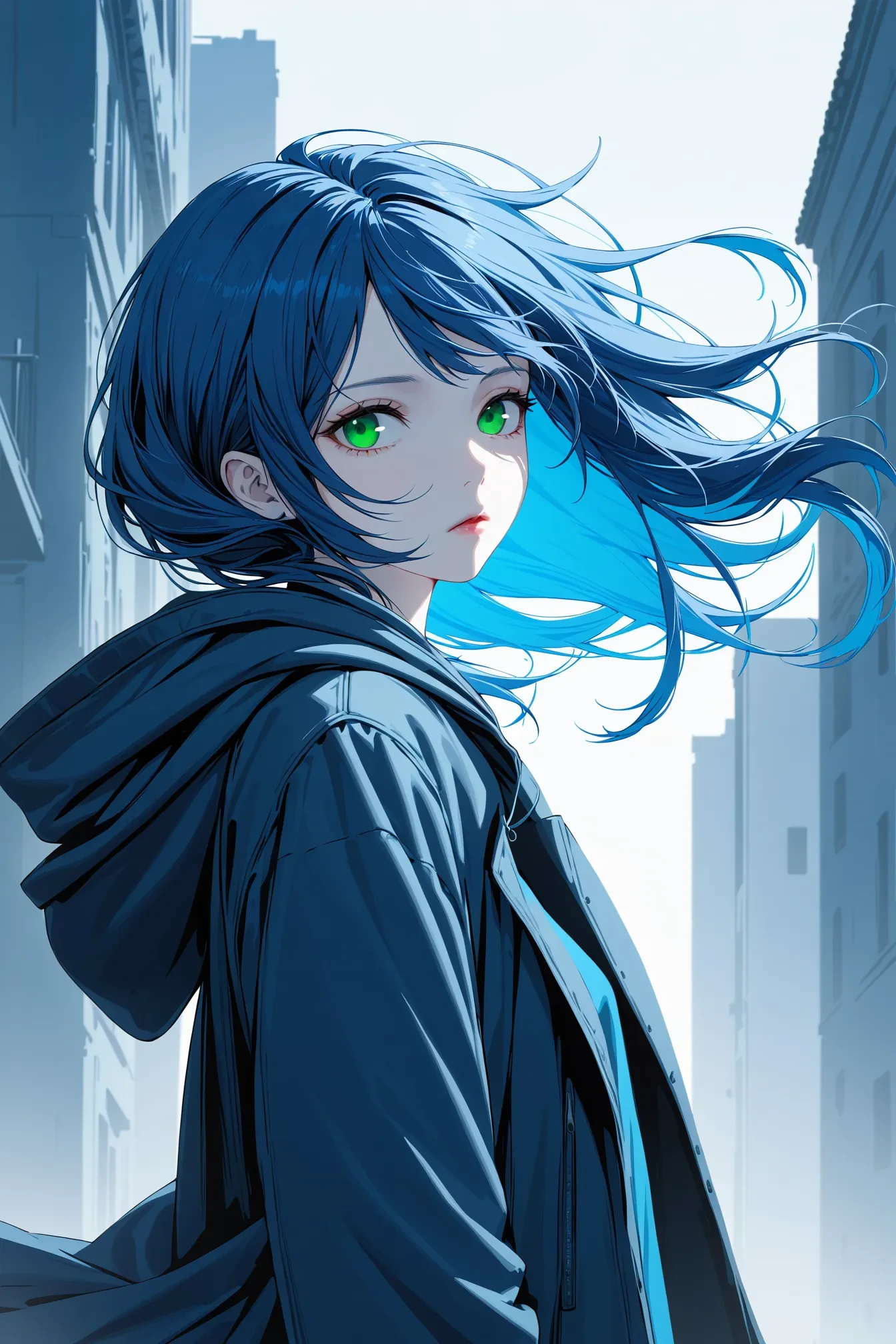 1girl, solo, blue hair, blue theme, coat, expressionless, floating hair, green eyes, hood, hoodie, lips, low ponytail, medium hair, outdoors, pale skin, upper body, masterpiece, best quality