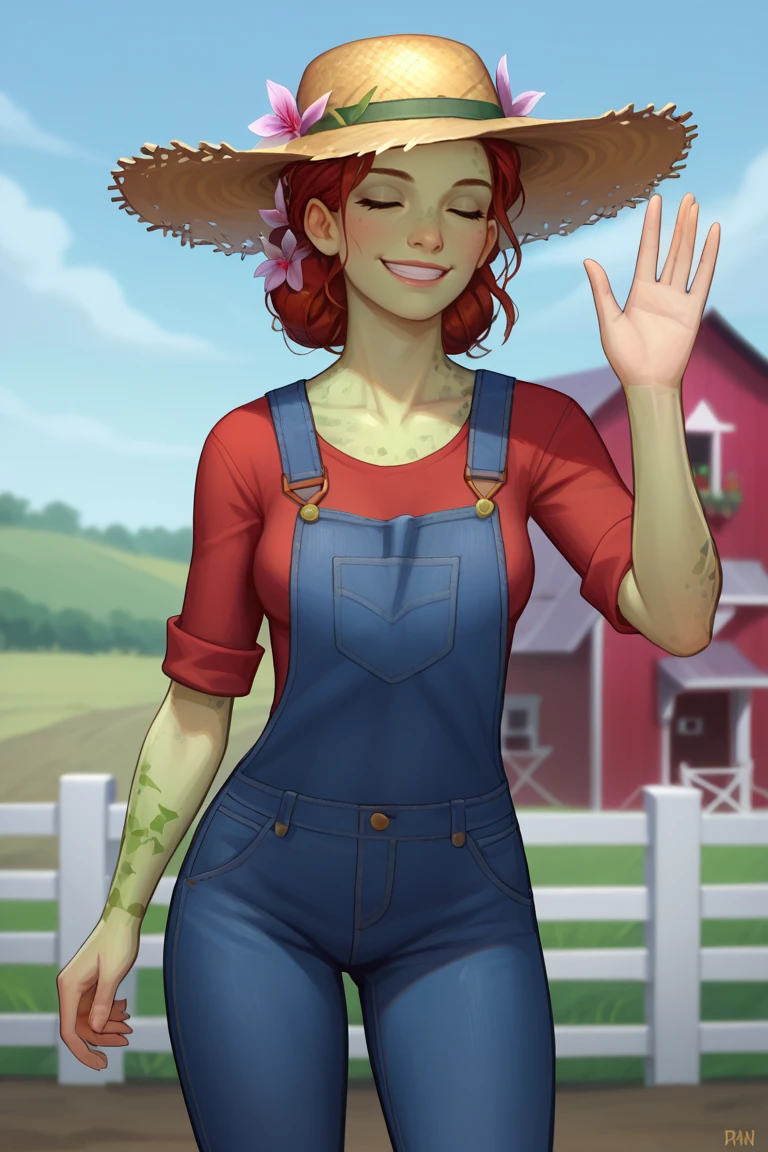 score_9, score_8_up, score_7_up, BREAK, 1girl, solo, <lora:pibak-guy-PONYv1wg:.9>, pibak, green skin, hair flower, overalls, straw hat, farm, outdoors, waving, smile, closed eyes,