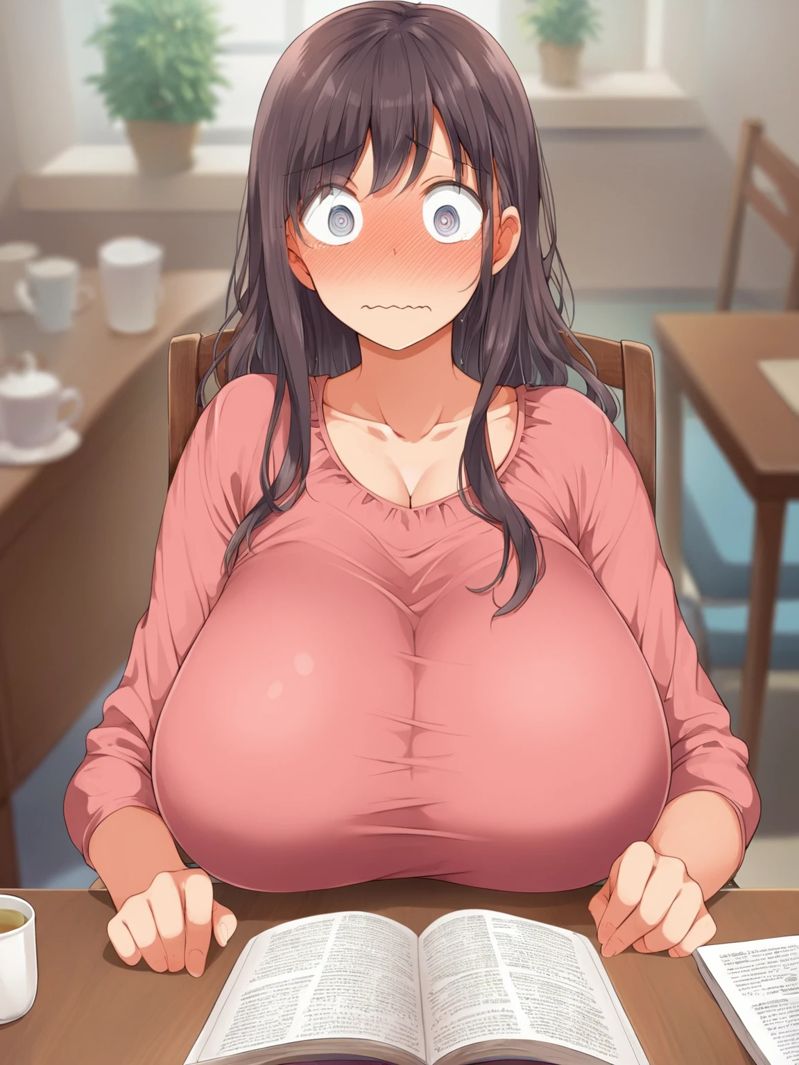 A beauty with long black hair,wearing a black sweater,Sit at a table in an upscale café(Sneer 1.5)(Open mouth 1.5)(The background is in an upscale café:1.5),Anime style 4K,Anime rendering,style of anime,8K fineness,(Upper body display:1.5)(Cinematic lighting:1.5)Middle-aged woman 1.5, (gigantic breasts: 1.6), (lactation:1.5), shirt covers breasts