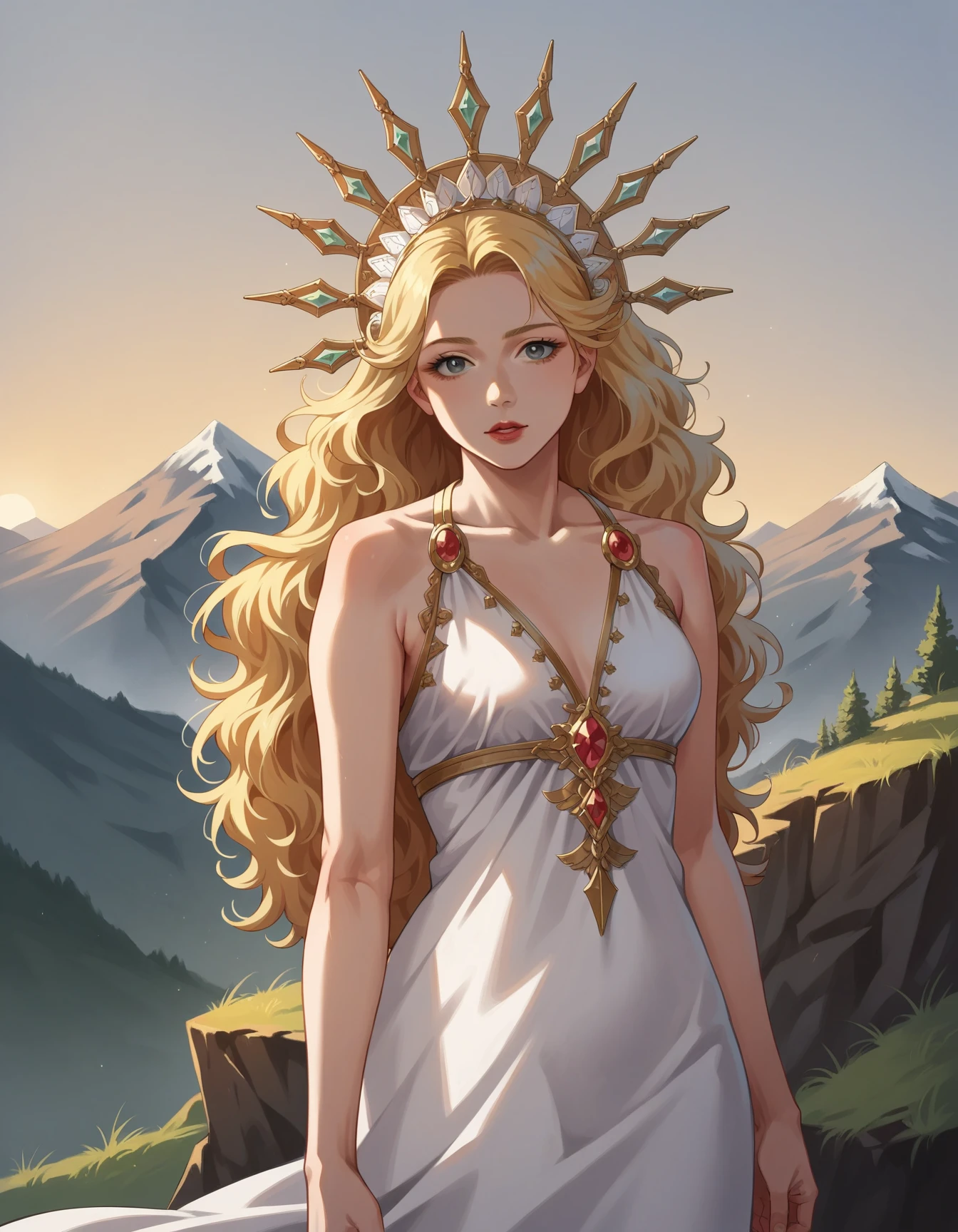 score_9, score_8_up, score_7_up, score_6_up, best quality, anime, 1girl, pale skin, long blonde hair, bangs, portrait, lipstick, hud_gdss_sn, white dress, gold trim, curly hair, looking at viewer, gold jewel headdress, <lora:sun_goddess-000008:0.6>, mountains, sunrise, standing on cliff, bare feet,