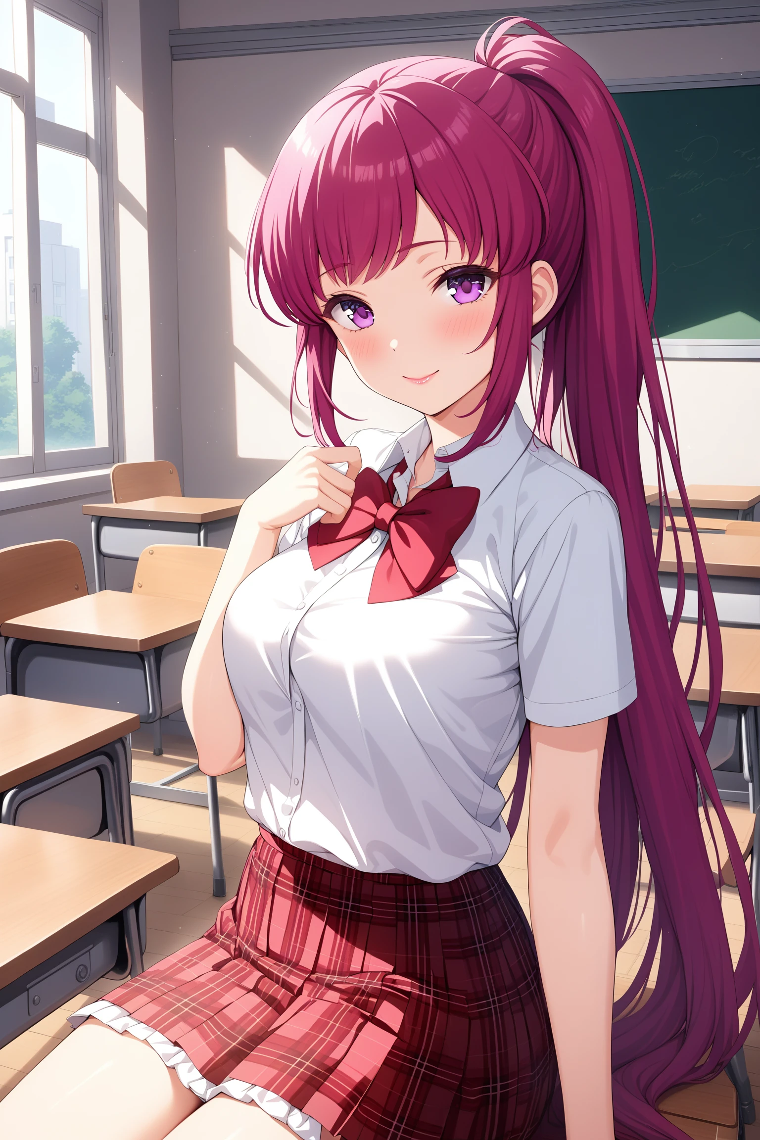 (masterpiece, best quality, very aesthetic, ultra detailed), intricate details, highly detailed background, perfect lightingbest quality, asamikei, solo indoors, classroom, pink hair, ponytail, very long hair, sidelocks, purple eyes, medium breasts, red bowtie, white shirt, short sleeves, red skirt, plaid skirt, school uniform, smile, closed mouth, pink lips, <lora:Asami-Kei:0.7>